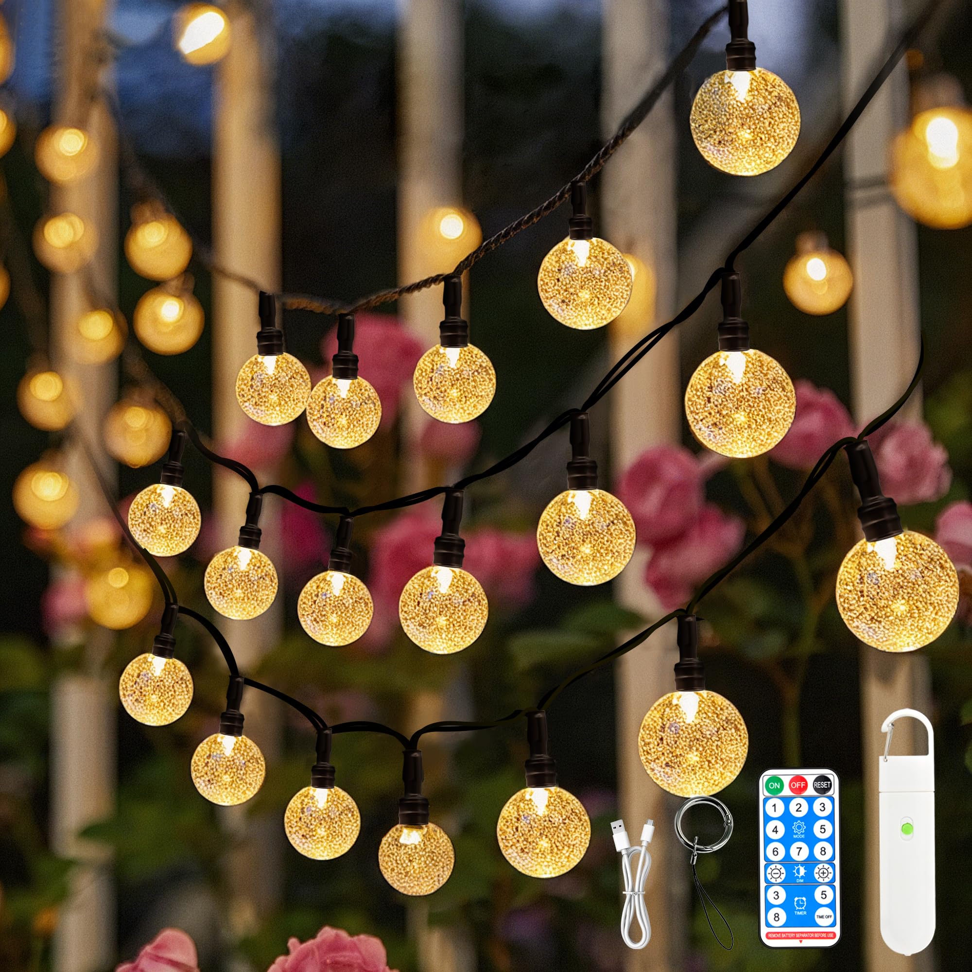SeaShine 13ft Battery Operated String Lights, 20LEDs Crystal Globe, IP65 Waterproof, Warm White, Remote Timer