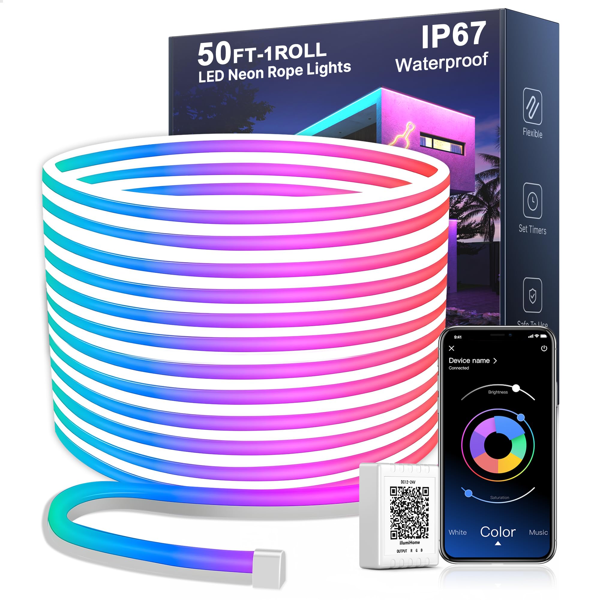 Nexillumi 50FT Neon LED Rope Lights IP67 Waterproof LED Lights for Bedroom Flexible LED Light Strip with Remote and APP Control 