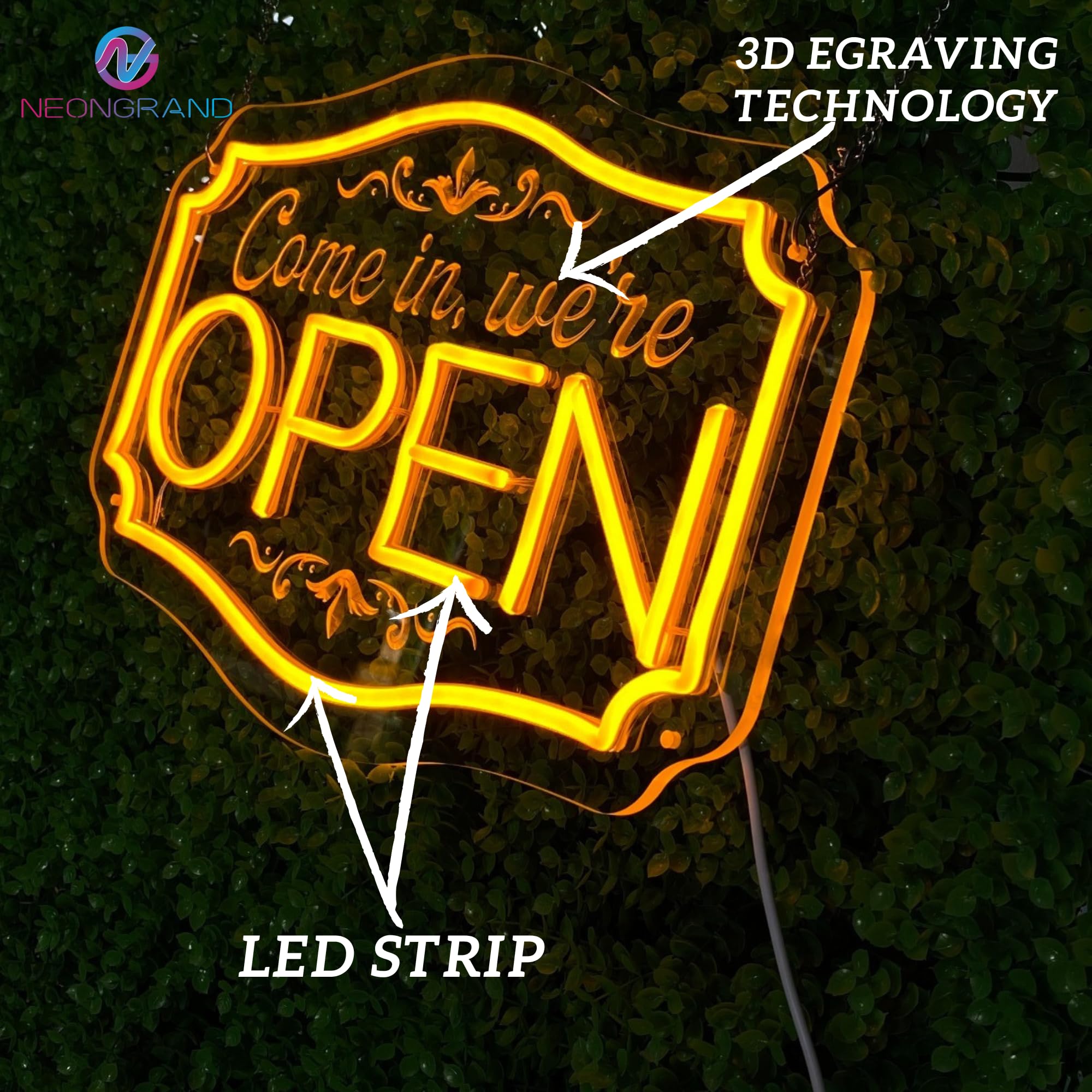 NEONGRAND LED Neon Open Sign - Adjustable Brightness, 16.5x11in , Orange Yellow