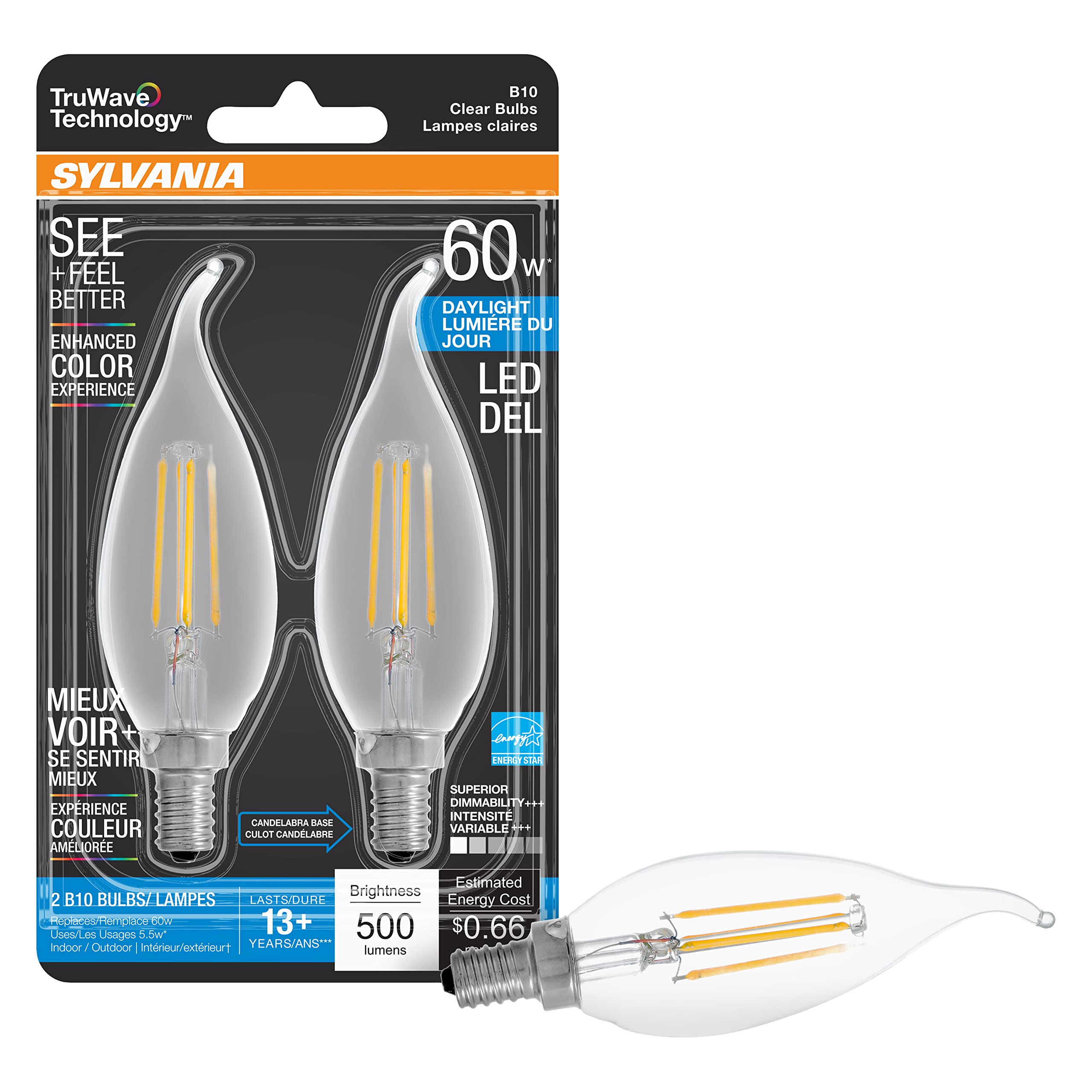 Sylvania Led Truwave Natural Series Candelabra Base Light Bulb, 60W Daylight, Dimmable, Clear, Candle Tip - 2 Pack