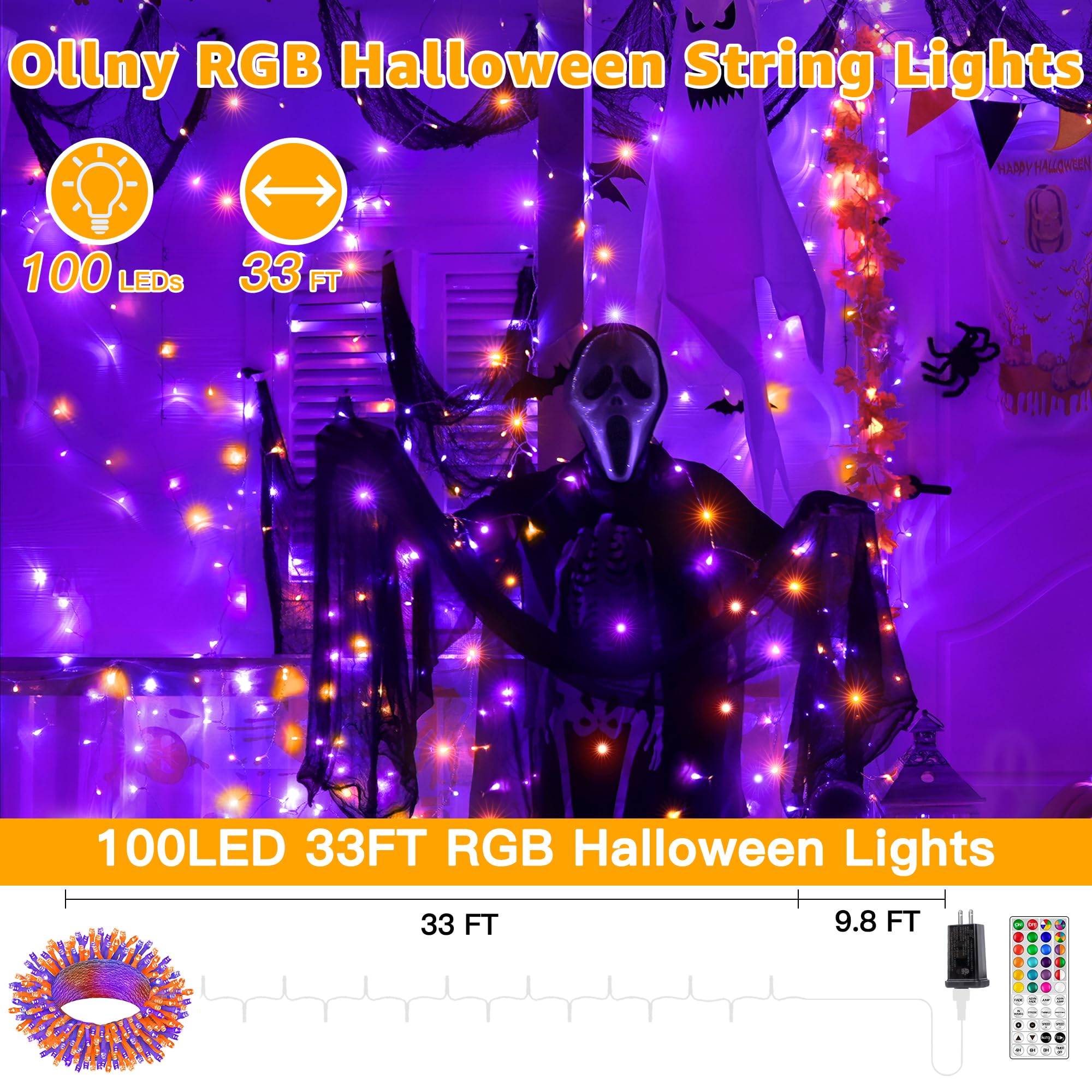 Ollny RGB Christmas Lights, 100 LEDs, 33 FT Clear Wire, Color Changing with Remote, Waterproof, Model NYA0100B