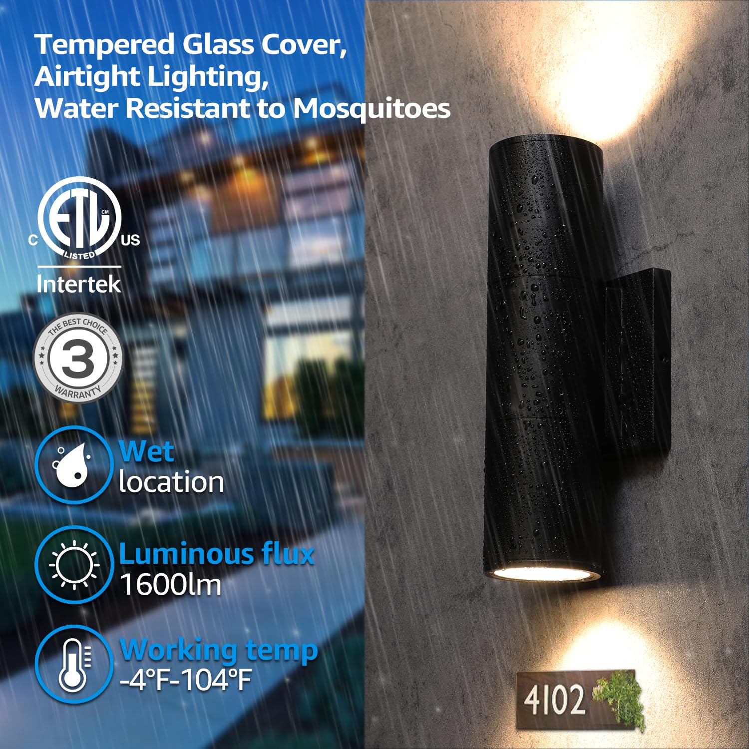 Leonlite 3Cct Integrated Led Cylinder Up Down Wall Light Outdoor, 100V-277V 20W Aluminum Waterproof High-End Wall Sconce In 2 Lights, Etl Exterior Front Door Porch Light, 3000K 4000K 5000K, Pack Of 4