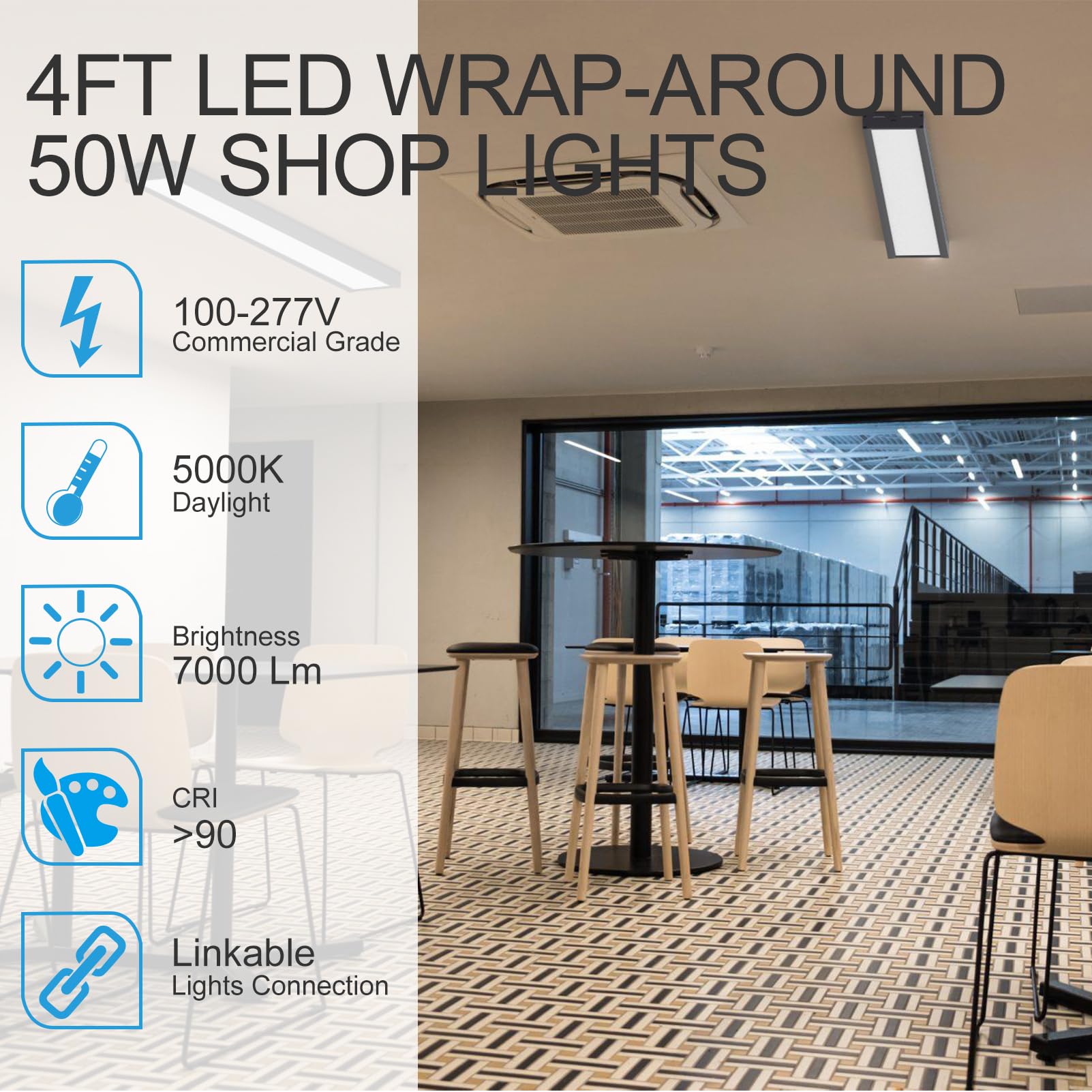 Lightdot 4Ft-5In Led Wraparound Shop Lights, 100-277V Linkable, 50W 4Ft Led Light Fixtures For Garage Workshop Supermarket, 7000