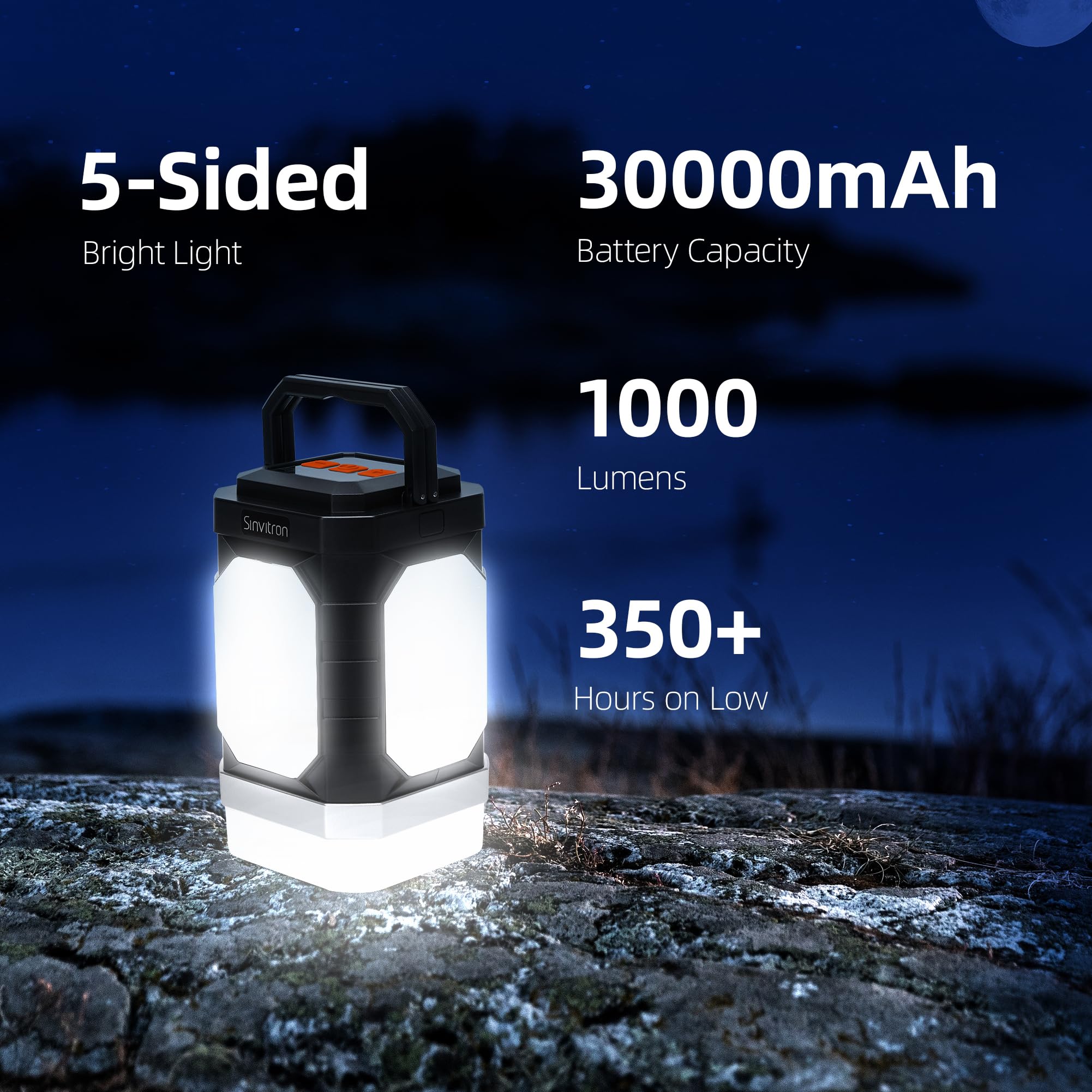 Sinvitron Camping Lantern Rechargeable 30,000mAh 1000 Lumens IPX5 Waterproof 1 Pack Black&Org Model C29