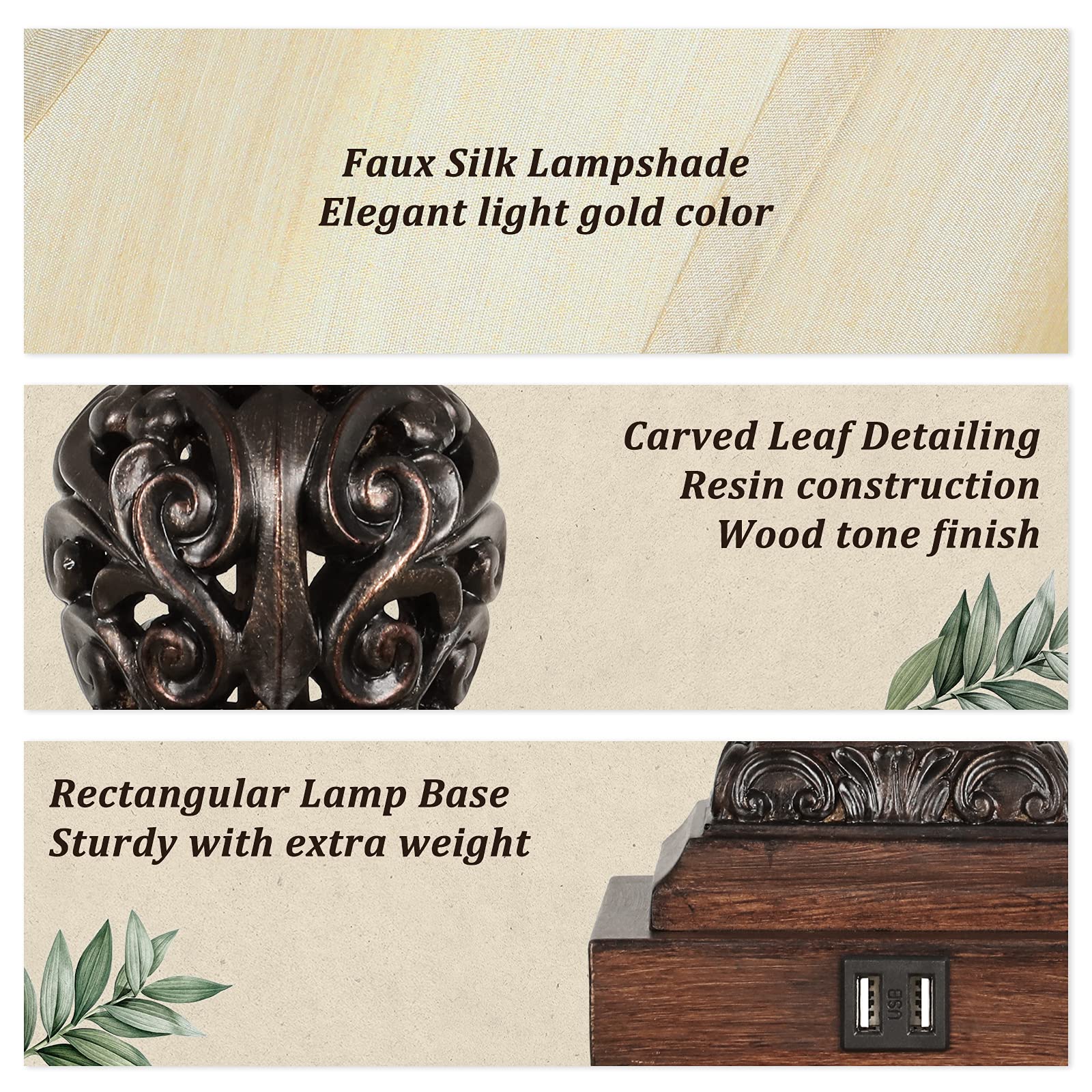 Set Of 2 Touch Control 3-Way Dimmable Table Lamps With 2 Usb Charging Ports Traditional Bedside Lamps With Bell Shape Faux Silk