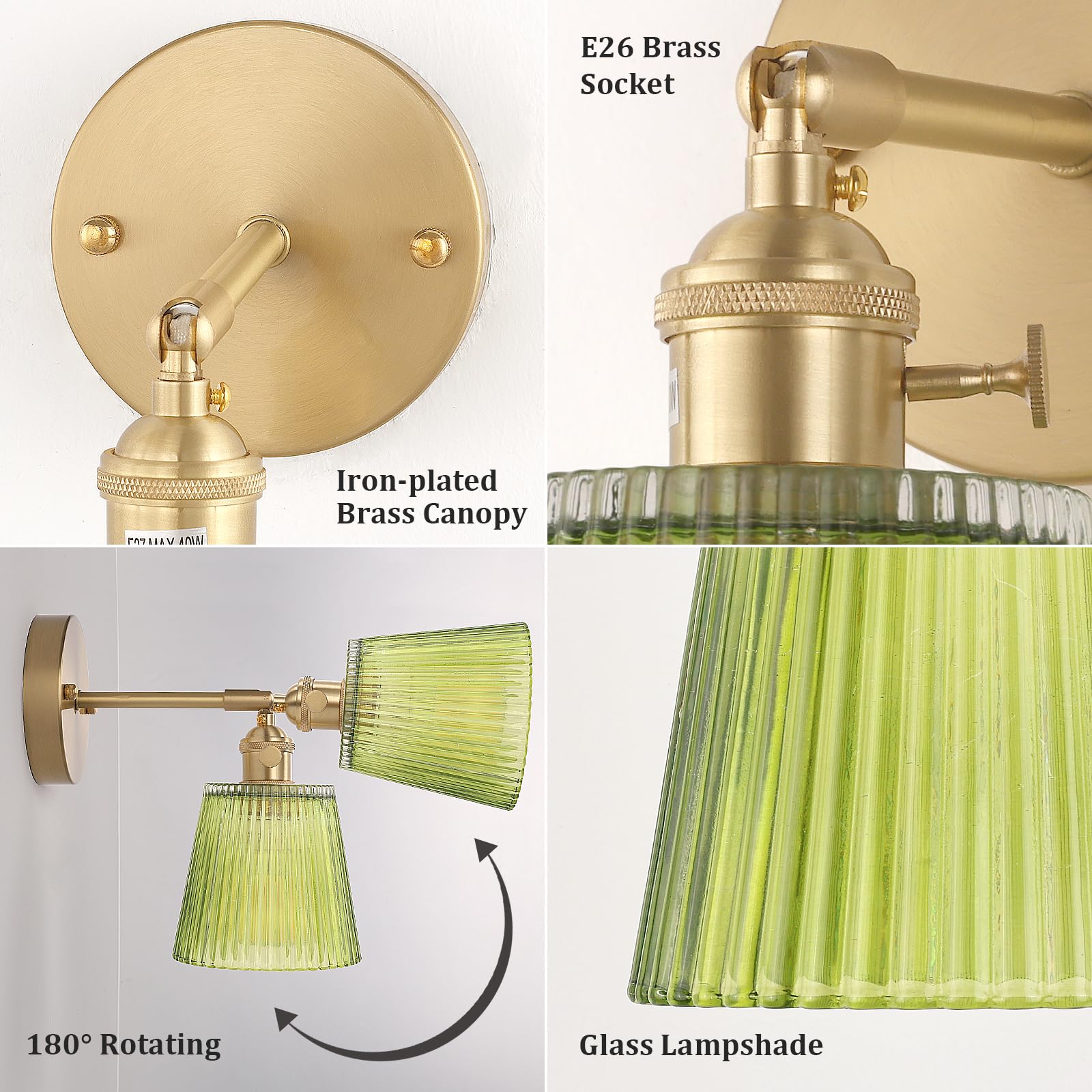 Shenmoyl Vintage Battery Operated Wall Sconce, Green Stripe Glass Lampshade, Remote Control, 1 Light, Model 1-9330