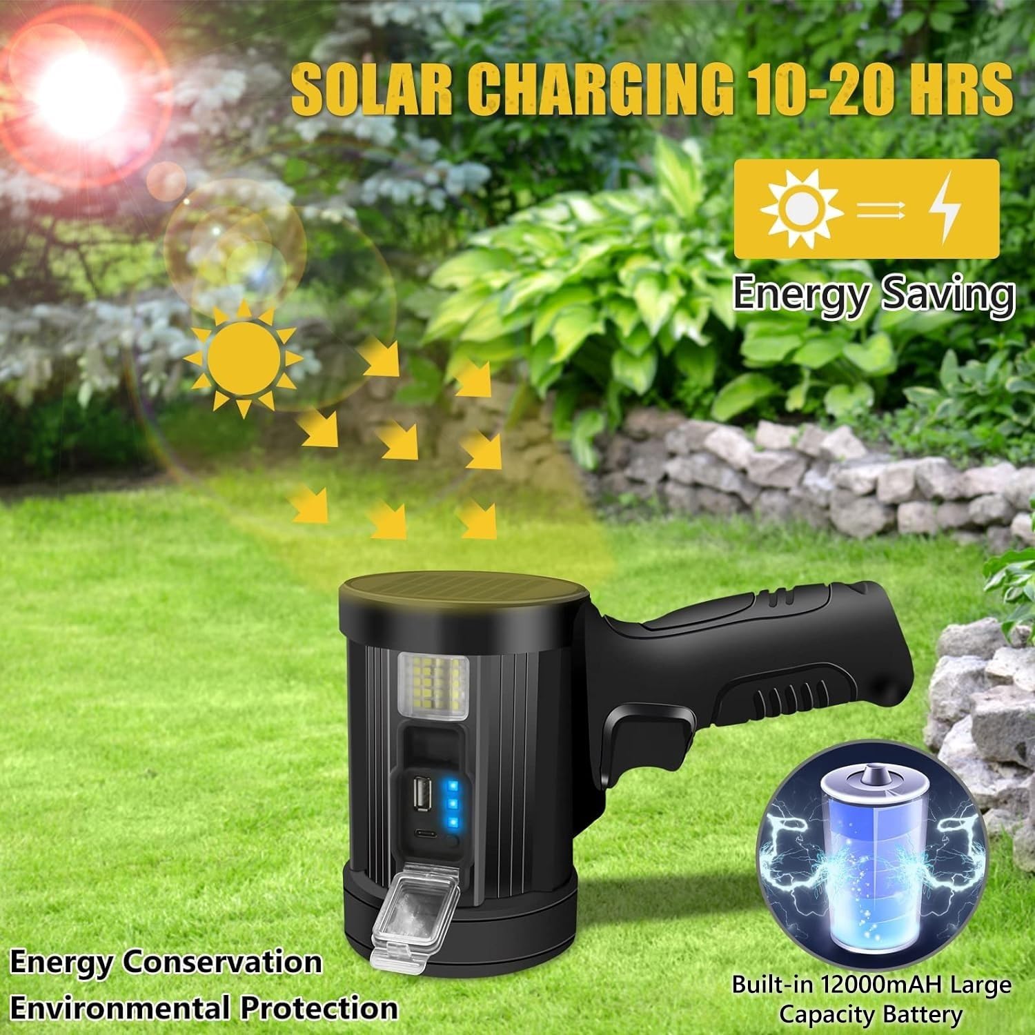 JSKNB 1000000 Lumen LED Rechargeable Spotlight Flashlight, Large with Tripod, Black, 6 Modes, Solar for Outdoor Use