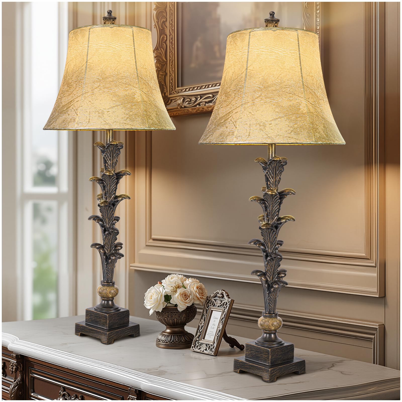 Table Lamps Set of 2 for Living Room, 33 Tall Bedside Table Lamps with 3 Way Dimmable Bulbs, Farmhouse Buffet Lamps with Laux 