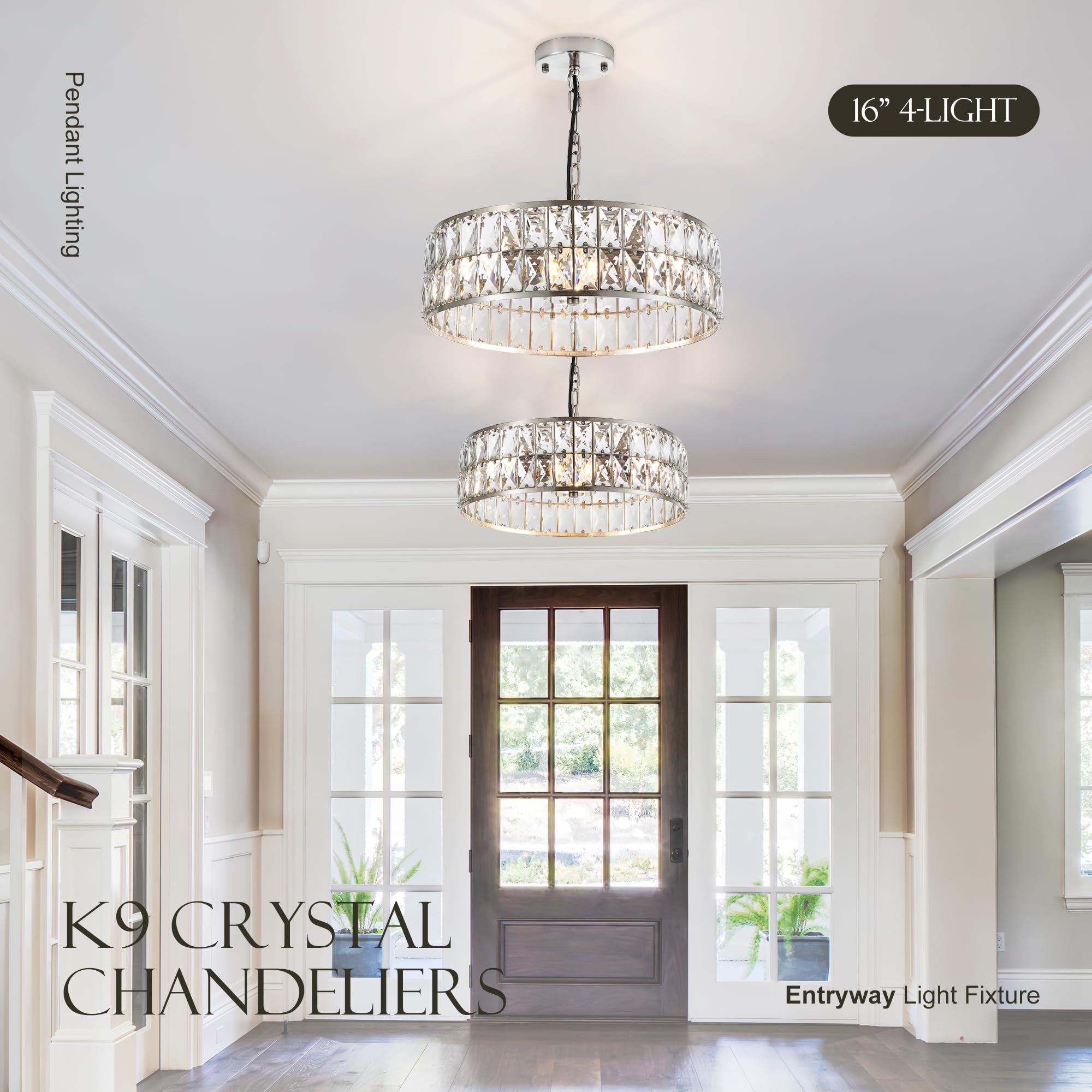 Salaiwei 16    4-Light Modern Crystal Chandeliers Nickel Dinning Room Light Fixture, Round Pendant Light Kitchen Island Chandeli