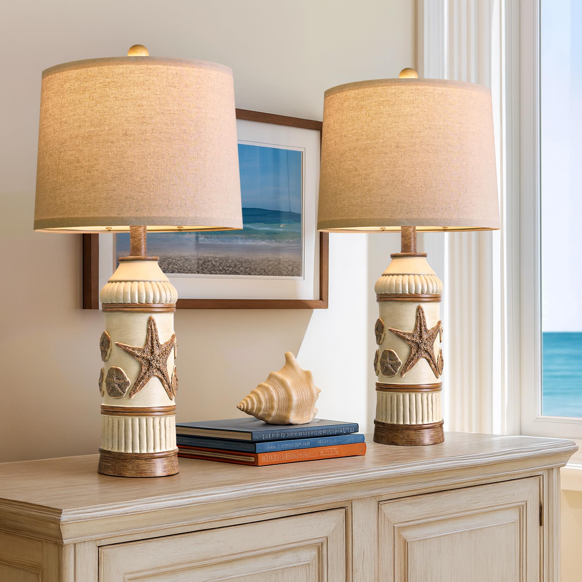 OYEARS 24 Table Lamps Set of 2 Boho Table Lamps for Living Room Bedside Lamp for Nightstands Coastal Nautical Lamp with Starfish Conch Pattern for Decor  End Table  Vintage Retro Beach  Off White