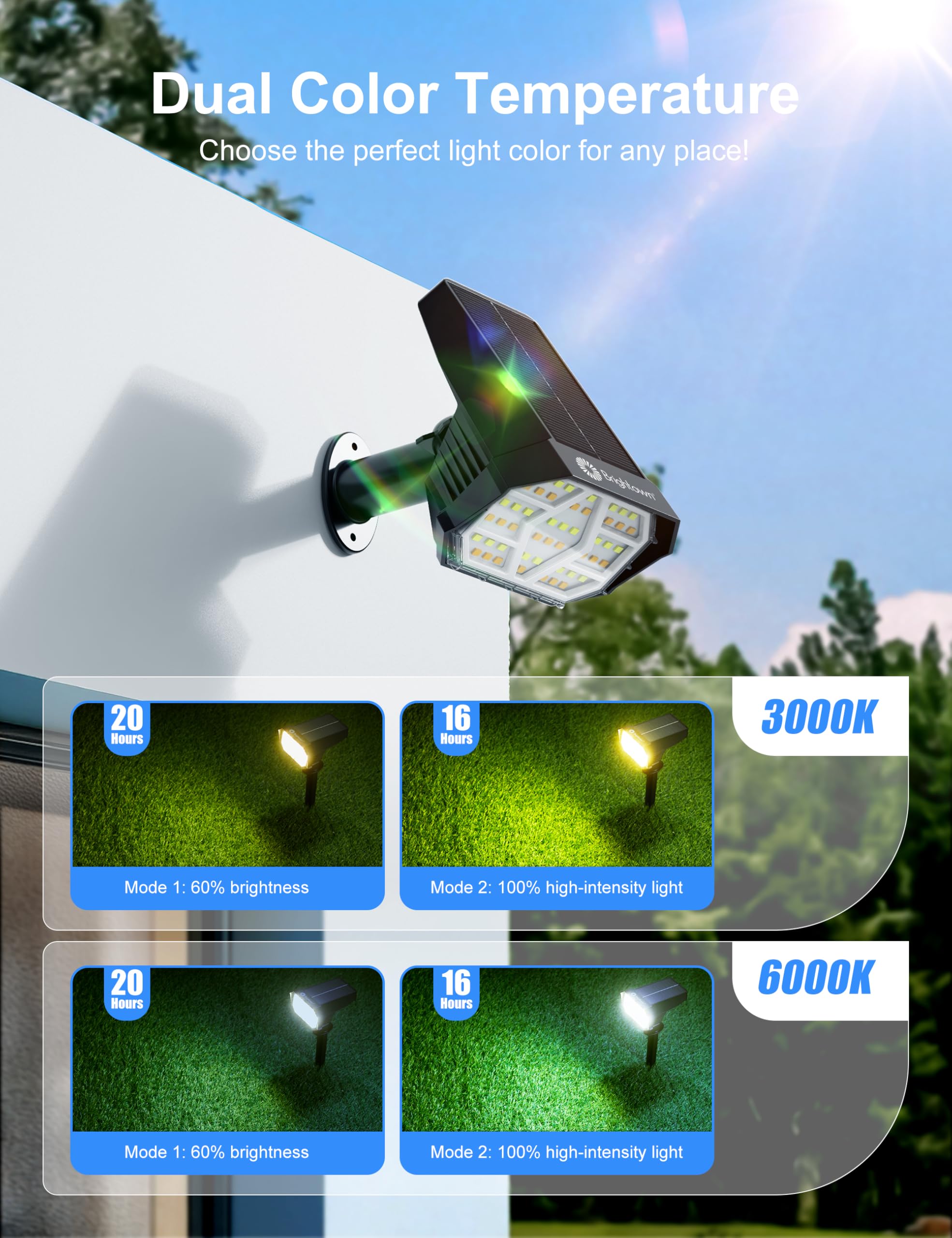 Brightown Solar Spot Lights Outdoor, 6 Pack, IP67 Waterproof, 2-in-1 Cool & Warm Light, Model SpotLight-TC-6PC