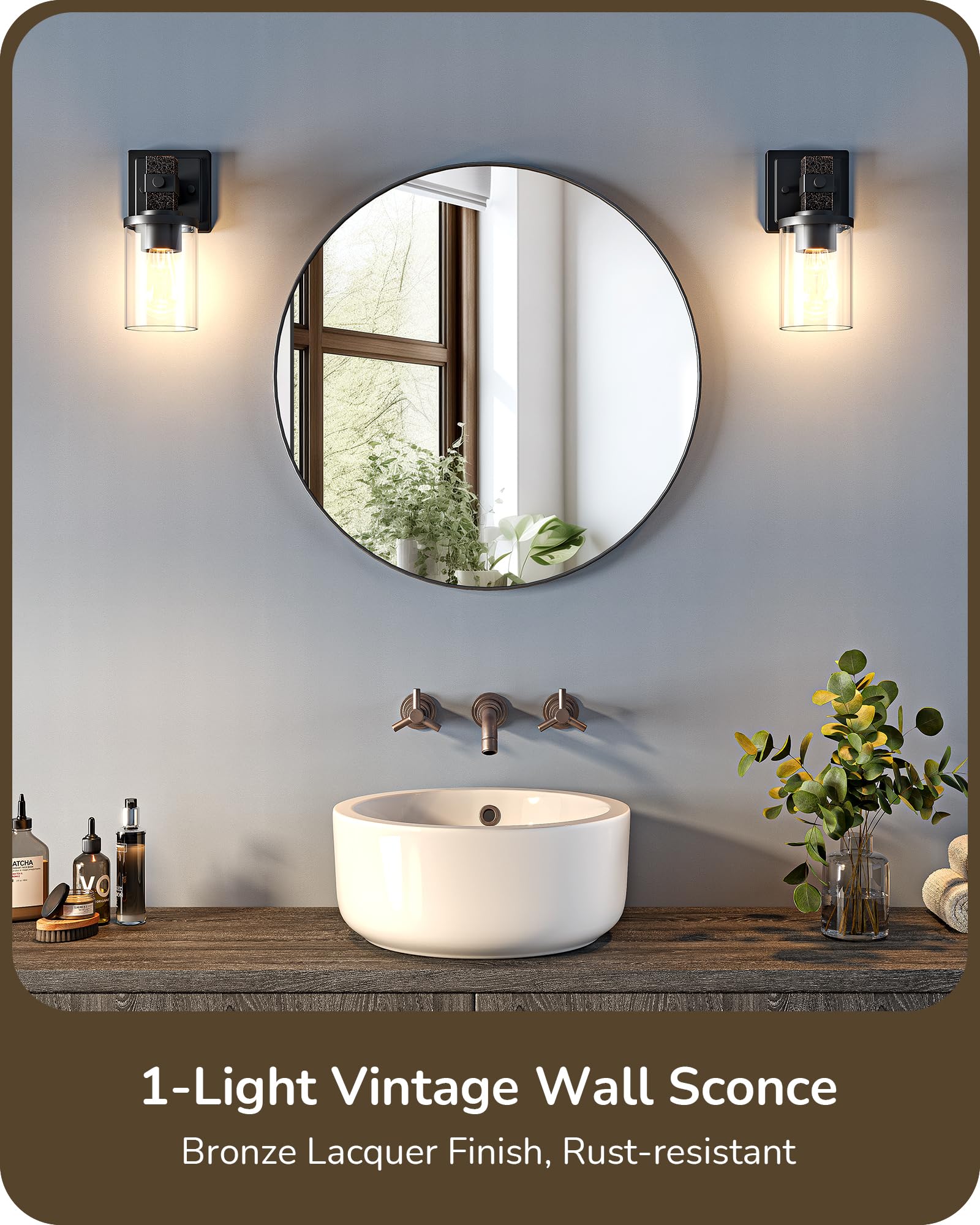 EDISHINE Wall Sconces Set of 2, Vintage Bronze 1-Light Fixtures with Clear Glass Shade, Model HHVL02M