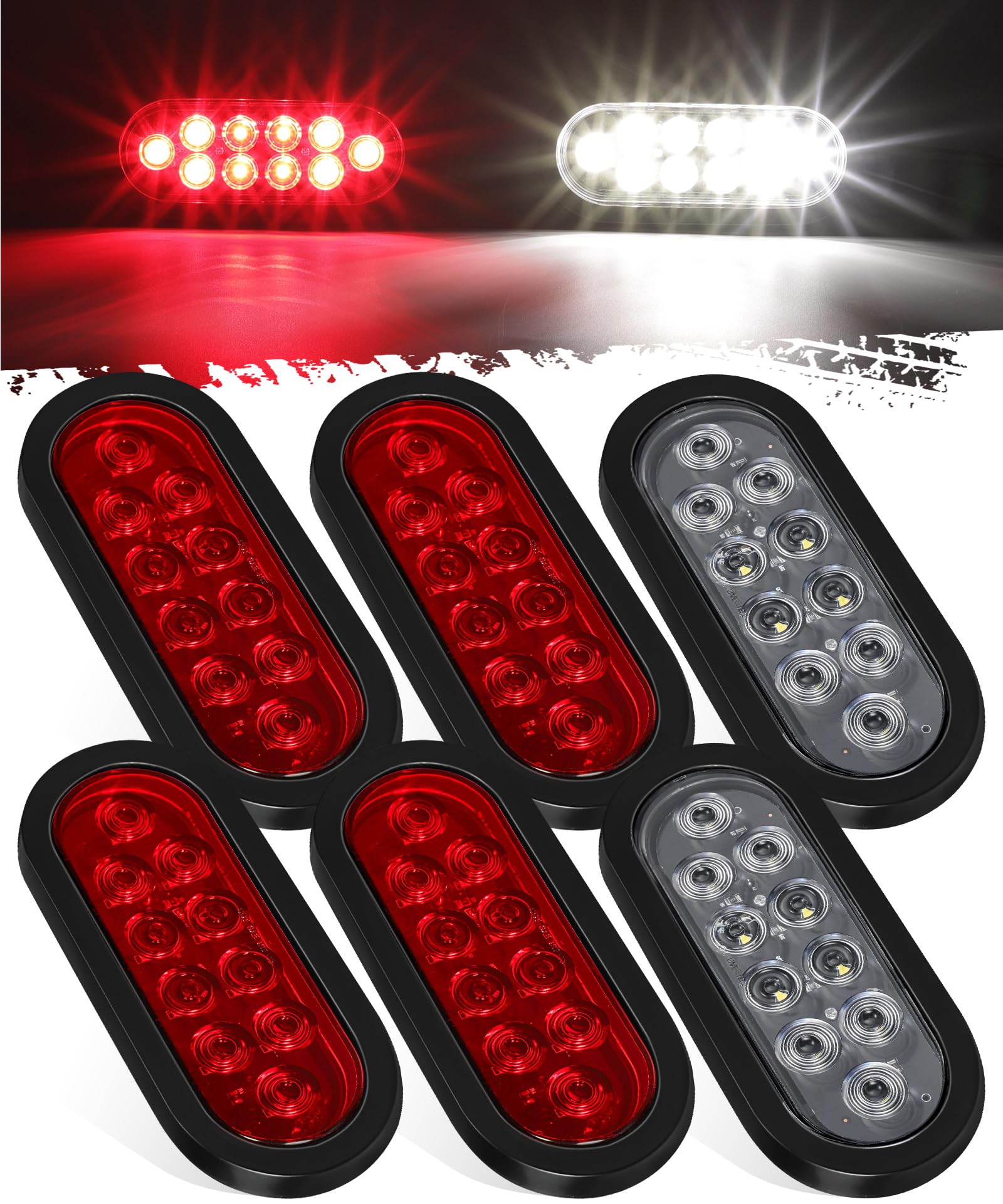 Partsam 6x Oval LED Trailer Tail Lights 10LEDs 6 Inch 4 Red 2 White Stop Brake Turn Reverse Backup Lights Rear Lamp Sealed Flush Mount 3-pin Plug Rubber Grommet for Flatbed Truck Trailer RV 12V IP67