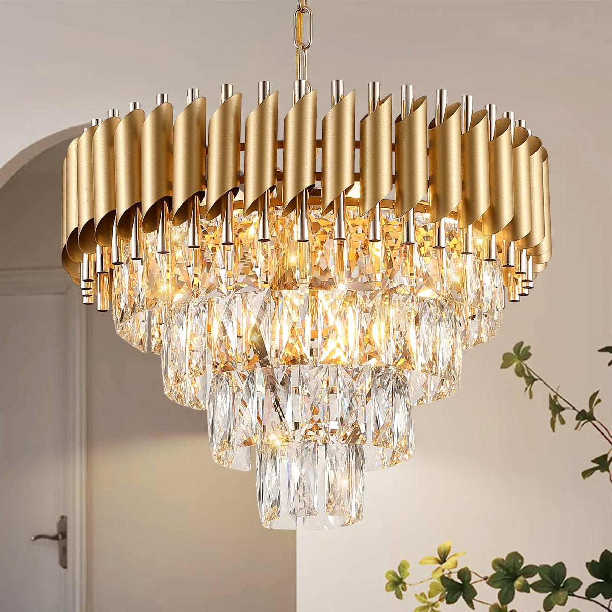 A AXILIXI Modern Crystal Chandelier 20in Gold Pendant Light 4 Tiers Ra ...