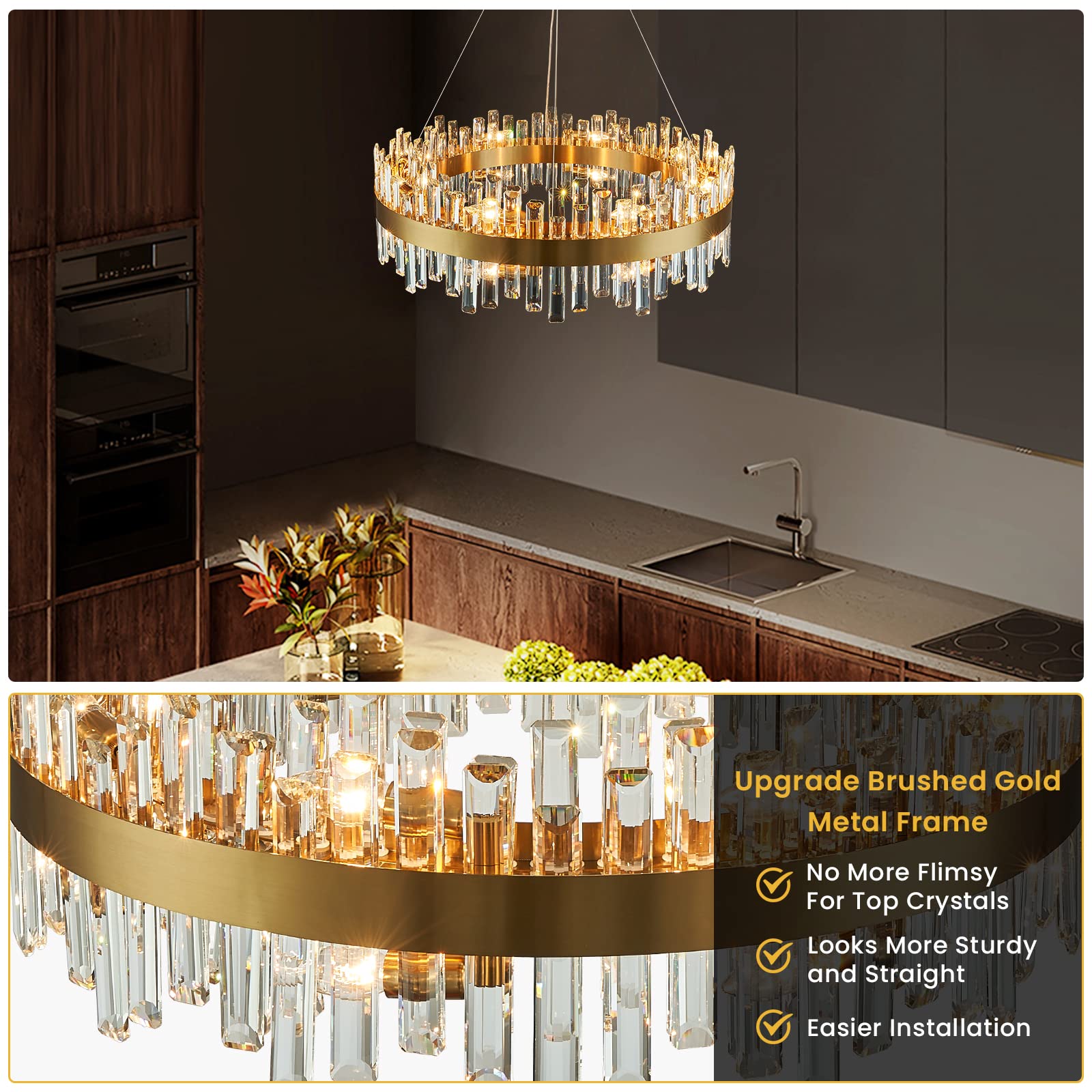 Siljoy 20-Light Modern Crystal Chandeliers, Large Brushed Gold 2-Tiers Raindrop K9 Crystal Ceiling Light, 3 Way Dimmable Pendant