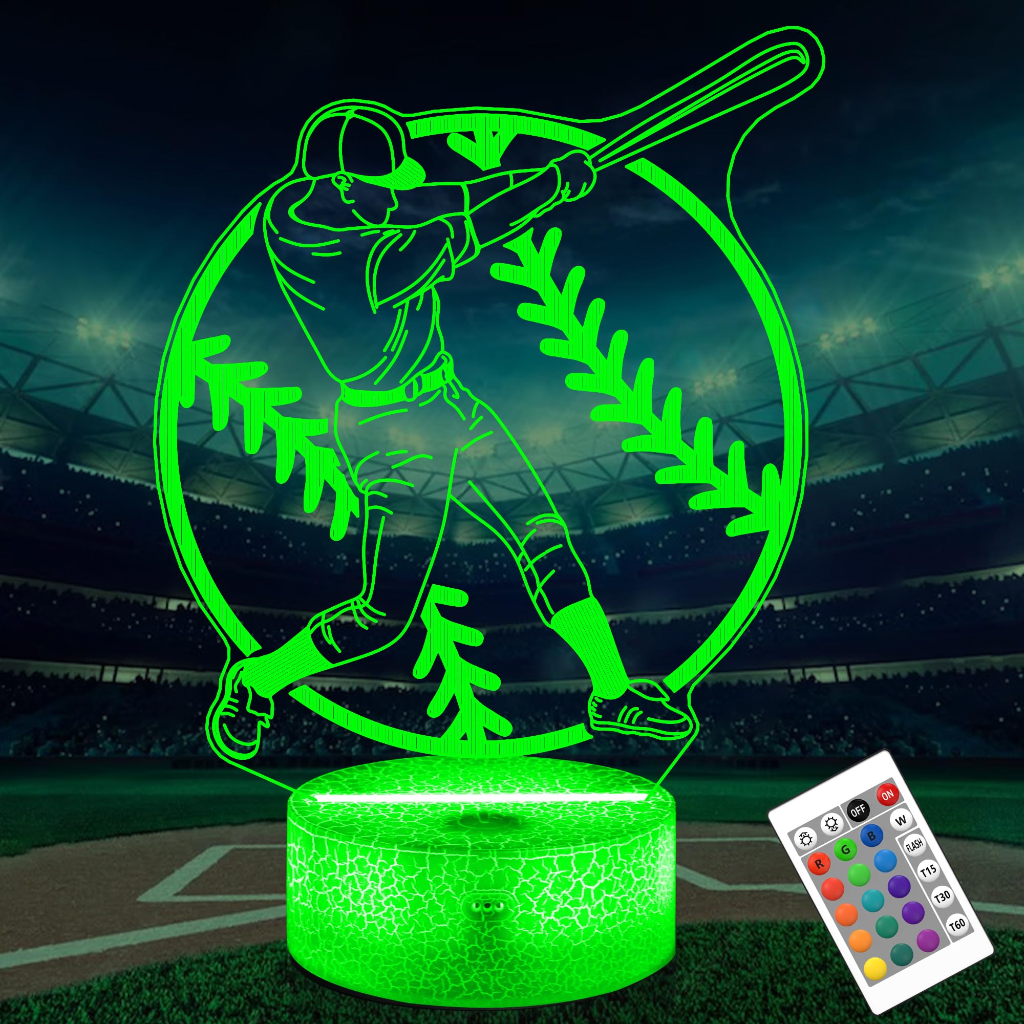 OkiyiD Baseball 3D Illusion Lamp, Remote Control Night Light, 16 Colors, Boys Room Decor, Model FS-2810-9999, Color 12