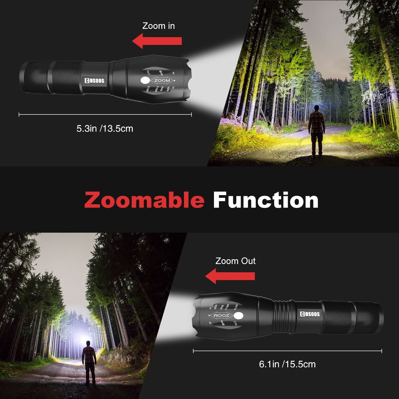 COSOOS LED Flashlight - 5-Mode High Lumen, Zoomable, Waterproof, Portable with Holster - Ideal for Emergency, Hiking, Camping Gear