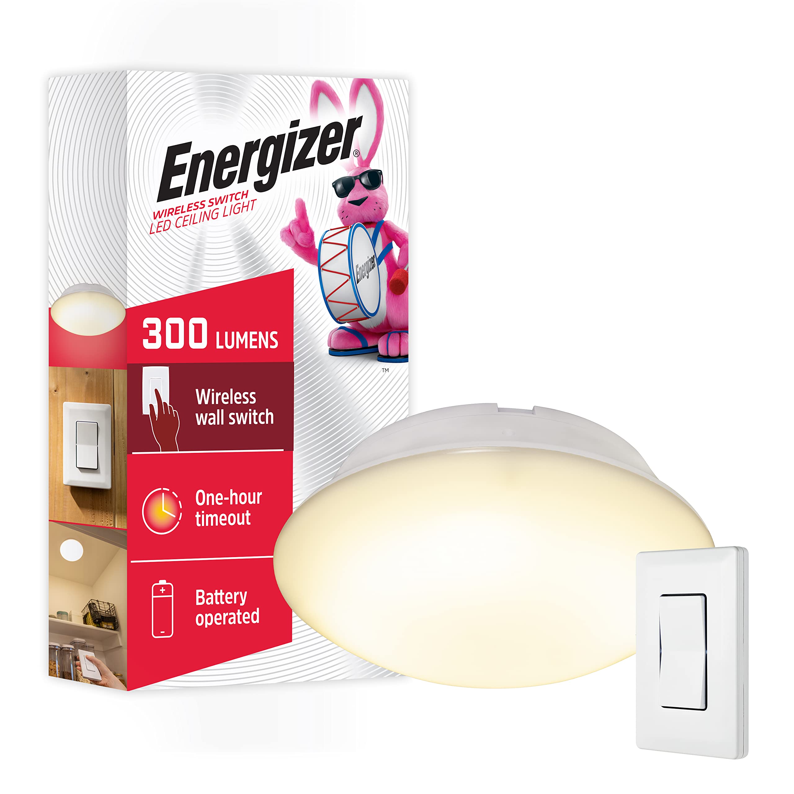 Energizer LED Ceiling Light Fixture, Battery Operated, Wireless Wall Switch Remote, 300 Lumens, Ceiling Light No Electricity, Pe