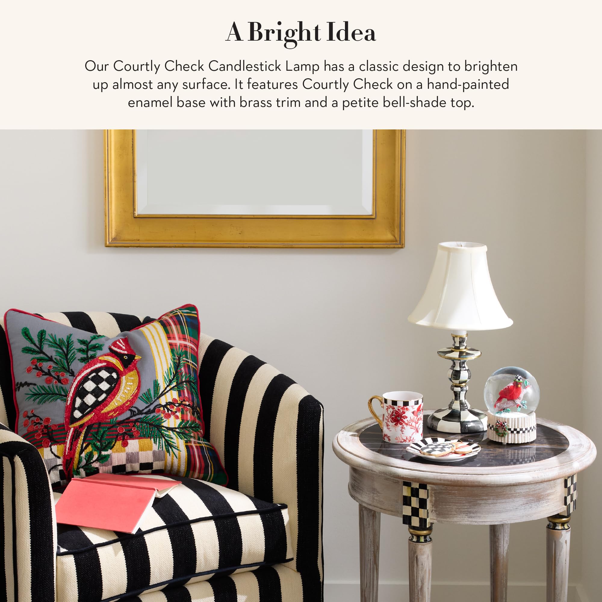 Mackenzie-Childs Candlestick Lamp, Decorative Lamp For Living Room Or Bedroom, Black-And-White Courtly Check