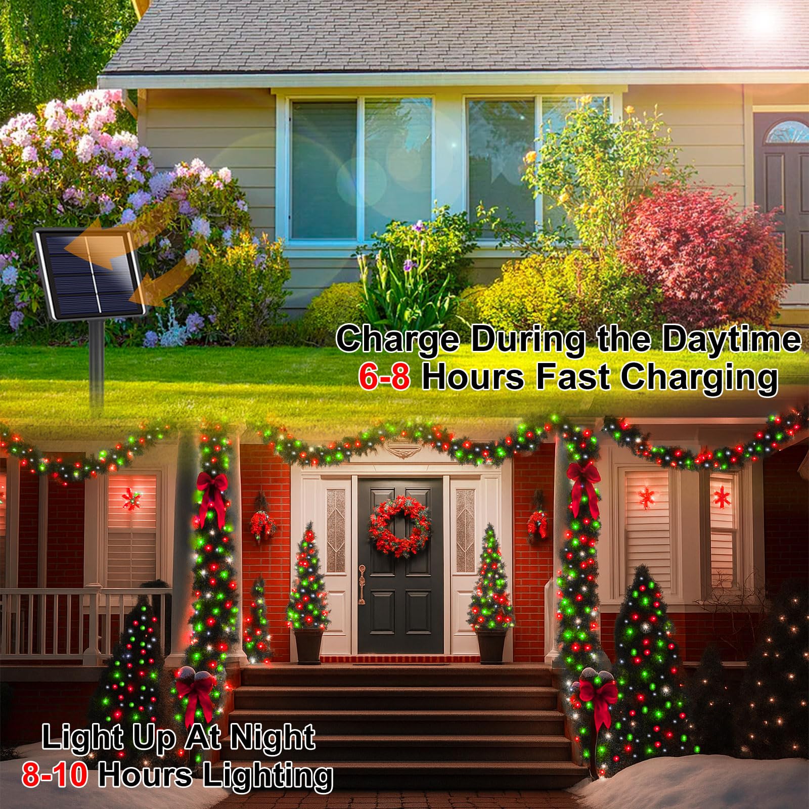 SANJICHA Solar String Lights, 144FT 400LED, Waterproof Copper Wire, 8 Modes, 2 Pack, Red White and Green, Model SYJSSL