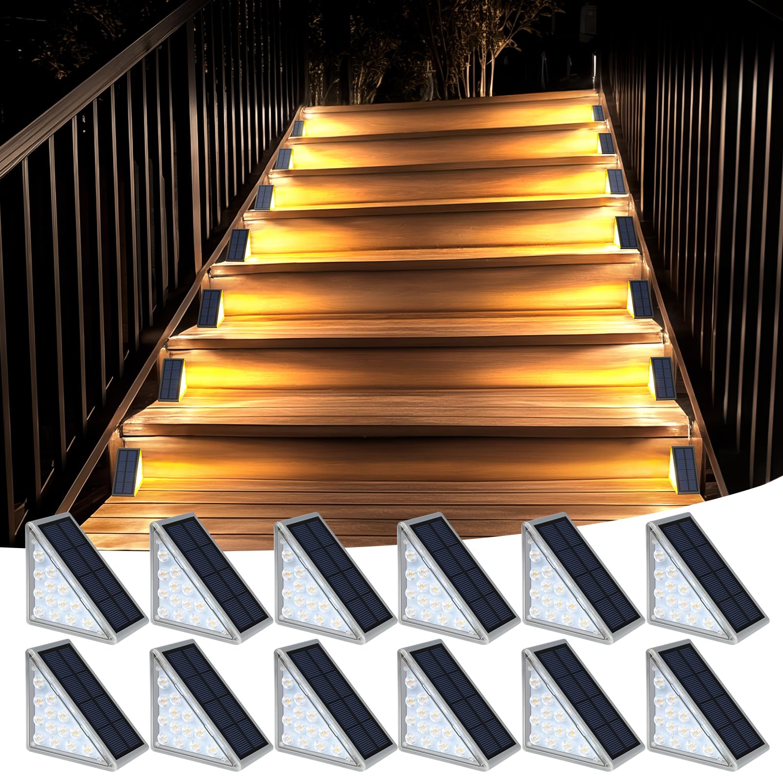 XILLUMI CORE Solar Lights for Steps, 12 Pack Gray IP65 Waterproof Outdoor Stair Lights, Warm 3000K 13 LED Step Lights Outdoor fo