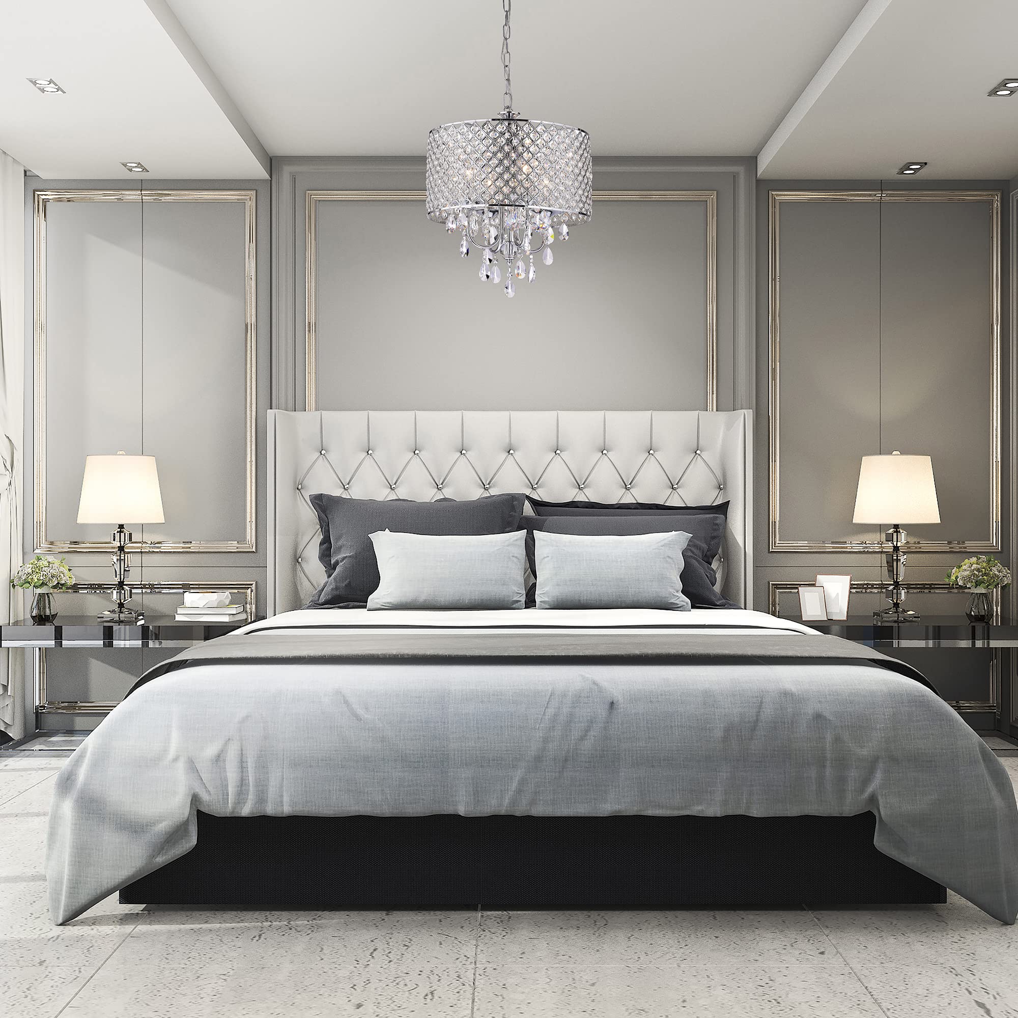 Edvivi Chrome 4-Light Round Crystal Chandelier Ceiling Fixture, Beaded Drum Shade, Model Epg801Ch