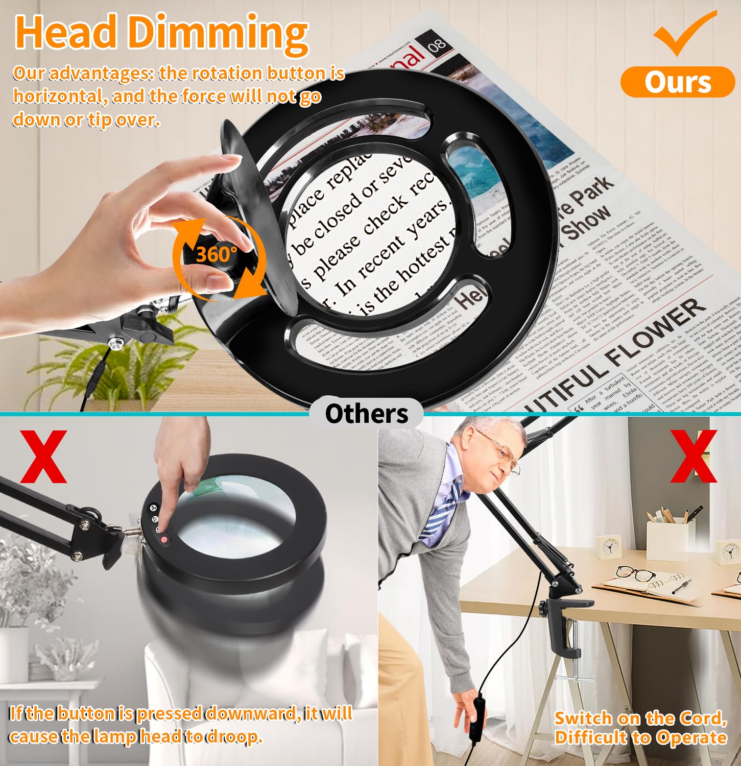 HITTI 10X Long Magnifying Glass with Light, Dimmable LED, Adjustable Arm, Black, Model 208-Black-10x