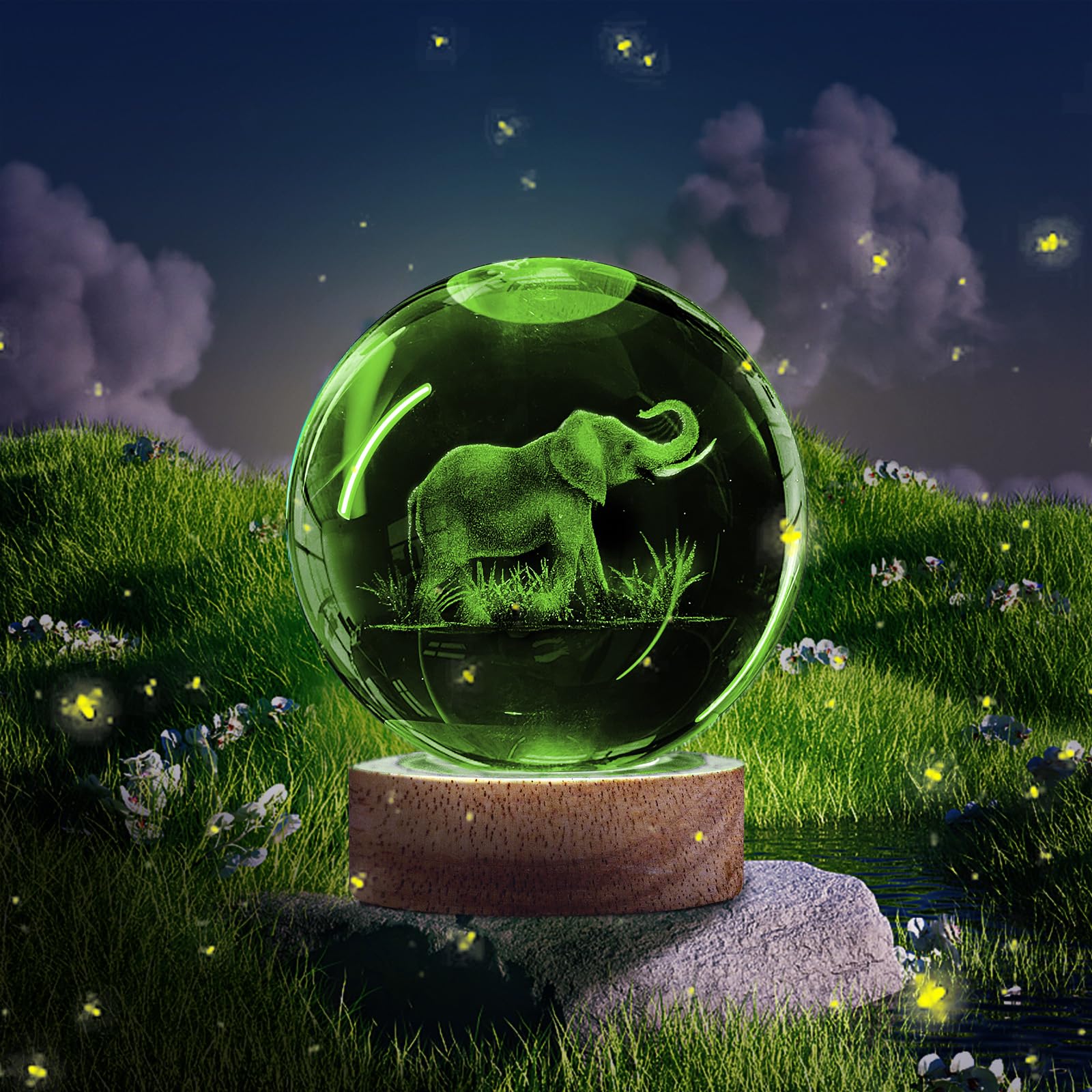 3D Elephant Crystal Ball Night Light With 16 Color Wooden Base, Upgraded 3.15 Inch Elephant Glass Ball Lamp With Remote For Birt