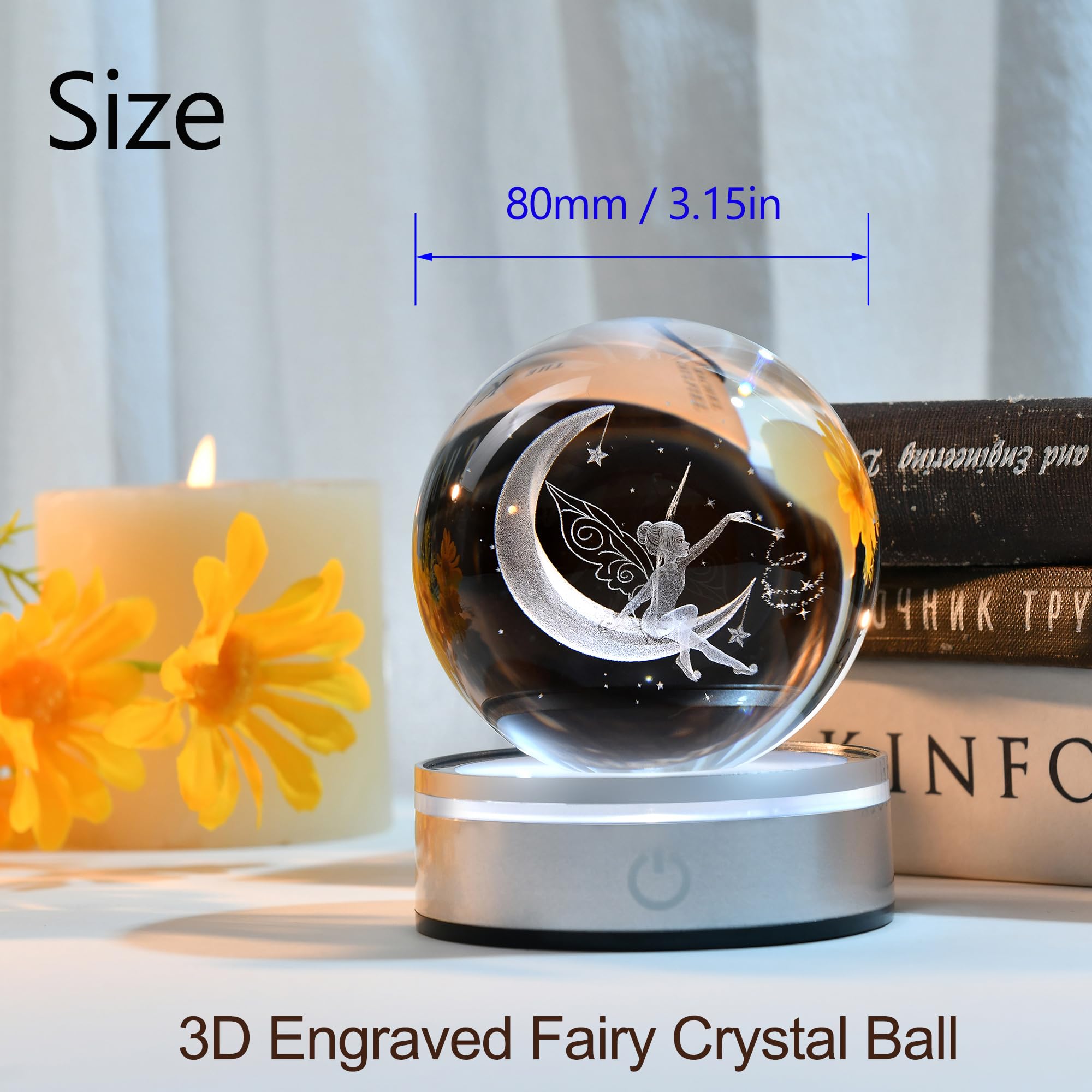 IFOLAINA Moon Fairy Crystal Ball Night Light - 3D Laser Engraved Decorative Globe, Model 1163Z, Multicolor Fairy Gift for Her