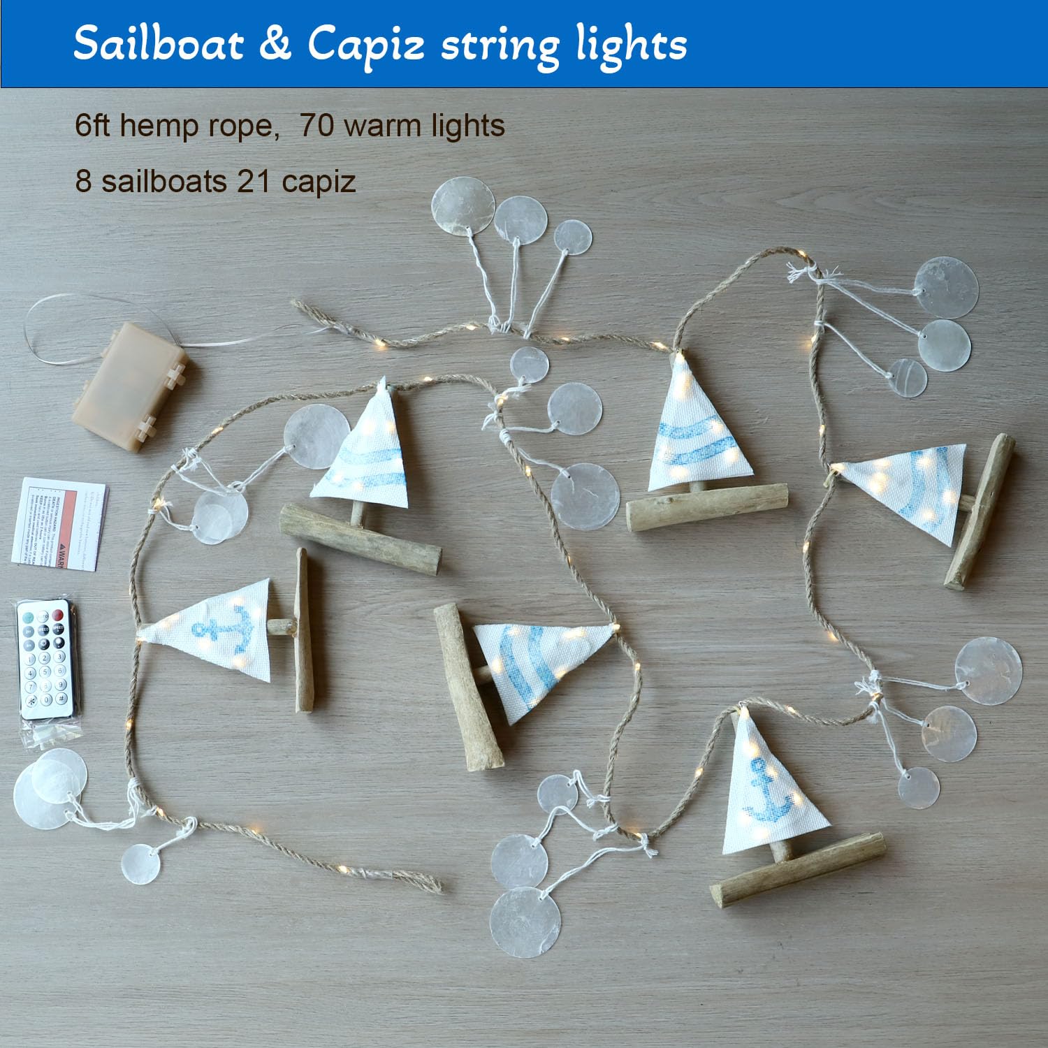 Miya Life Nautical Decor Sailboat Ocean Light With Capiz Wind Chimes - 6.5Ft 70Led Beach Garland With Lights Battery Operated Wi