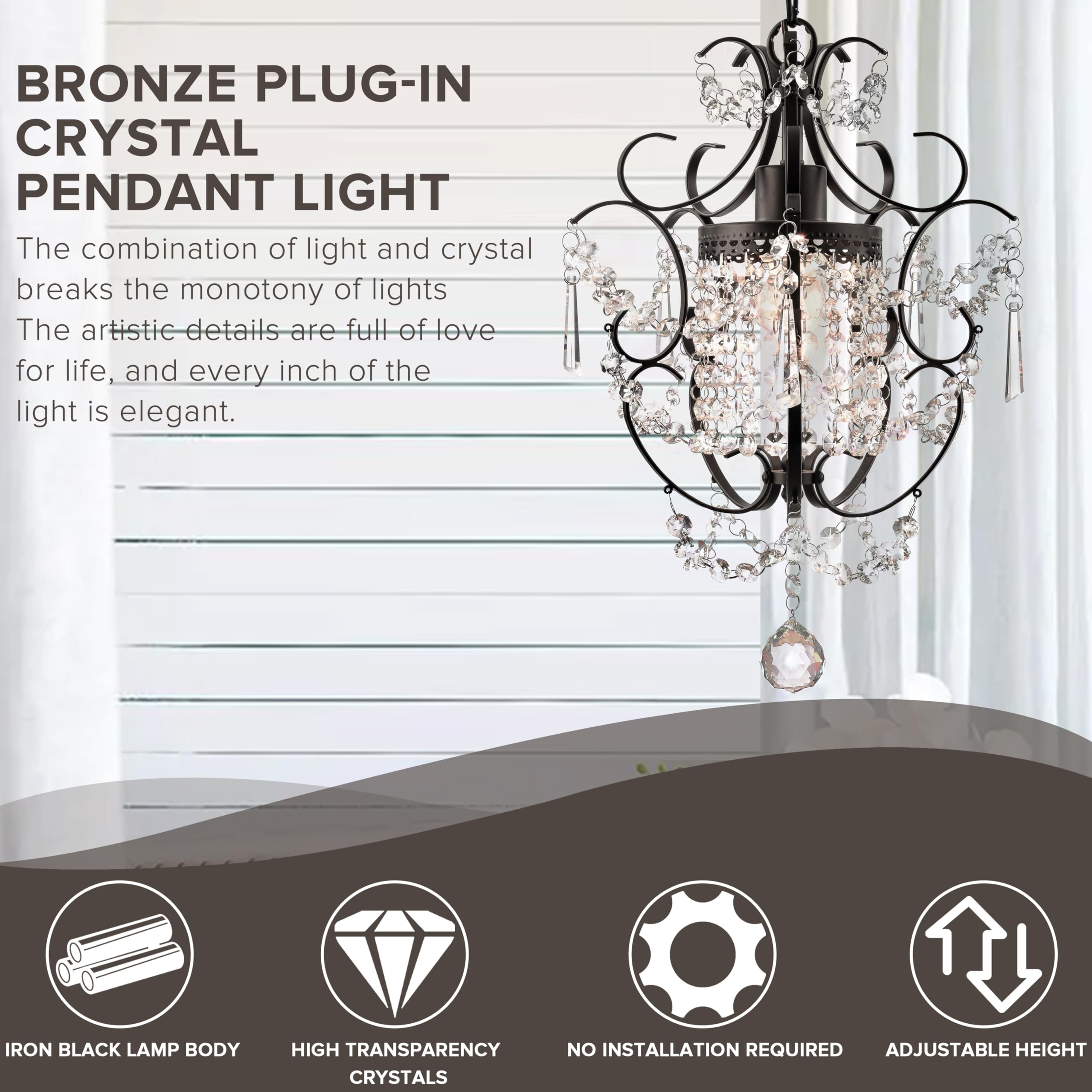 Plug In Pendant Lights With K9 Crystal Bronze Hanging Lamp With 15Ft Clear Cord & On/Off Switch
