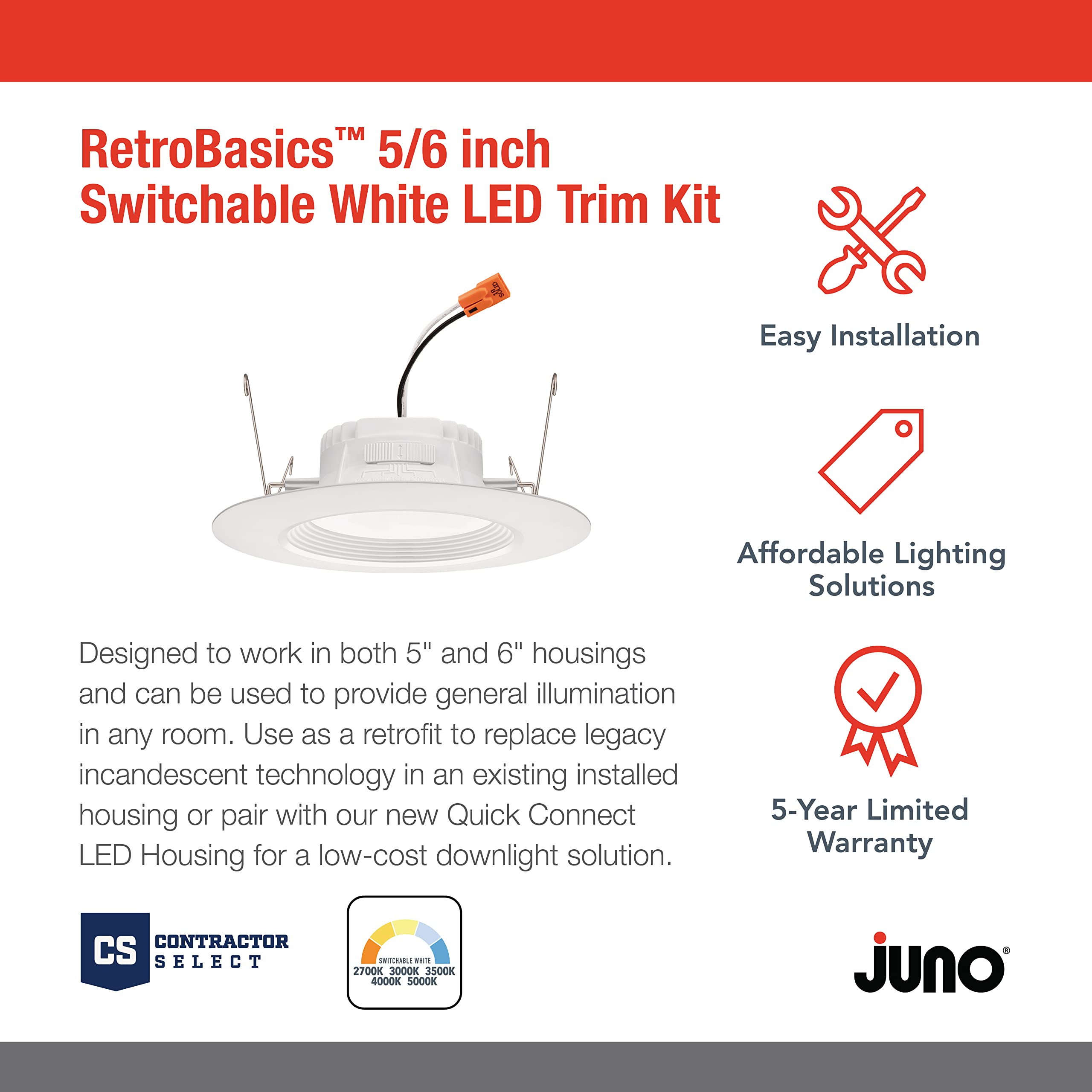 Juno Rb56 Sww5 Cp6 Mw M2 Retrobasics Downlight Trim Kit, Switchable Led White, Baffle Trim, Switchable Cct, 2700K, 3000K, 4000K,