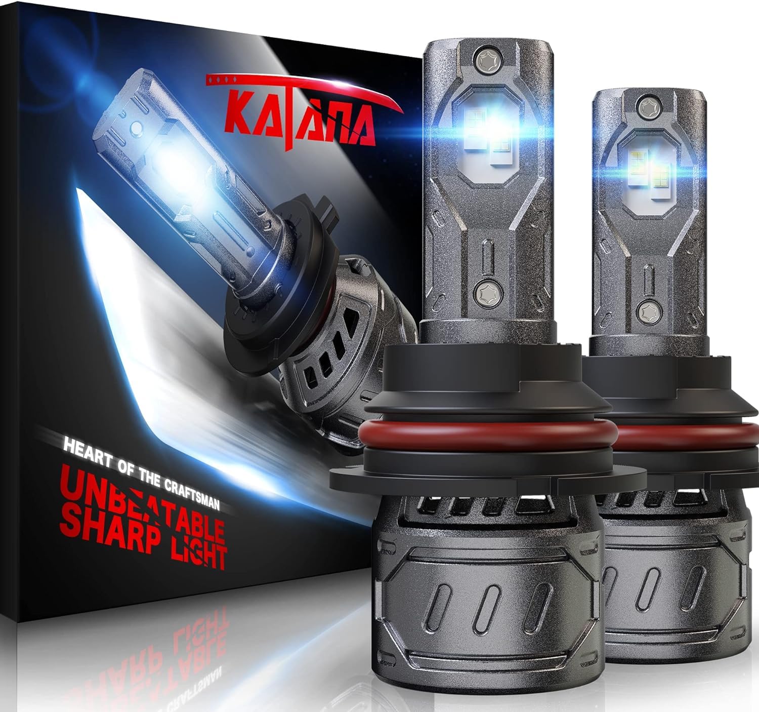 Katana 9007 HB5 Light Bulb, 400% Brightness, 6500K White, Plug and Play, Mini Size, Aluminum