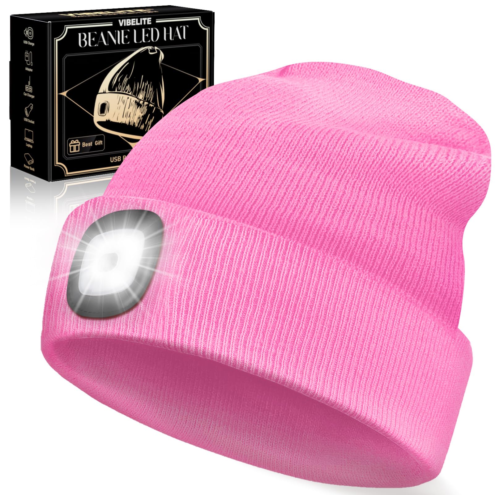 VIB high-standard LED Beanie Hat with Light, USB Rechargeable, 100% Acrylic, Model BHL2413, Pink