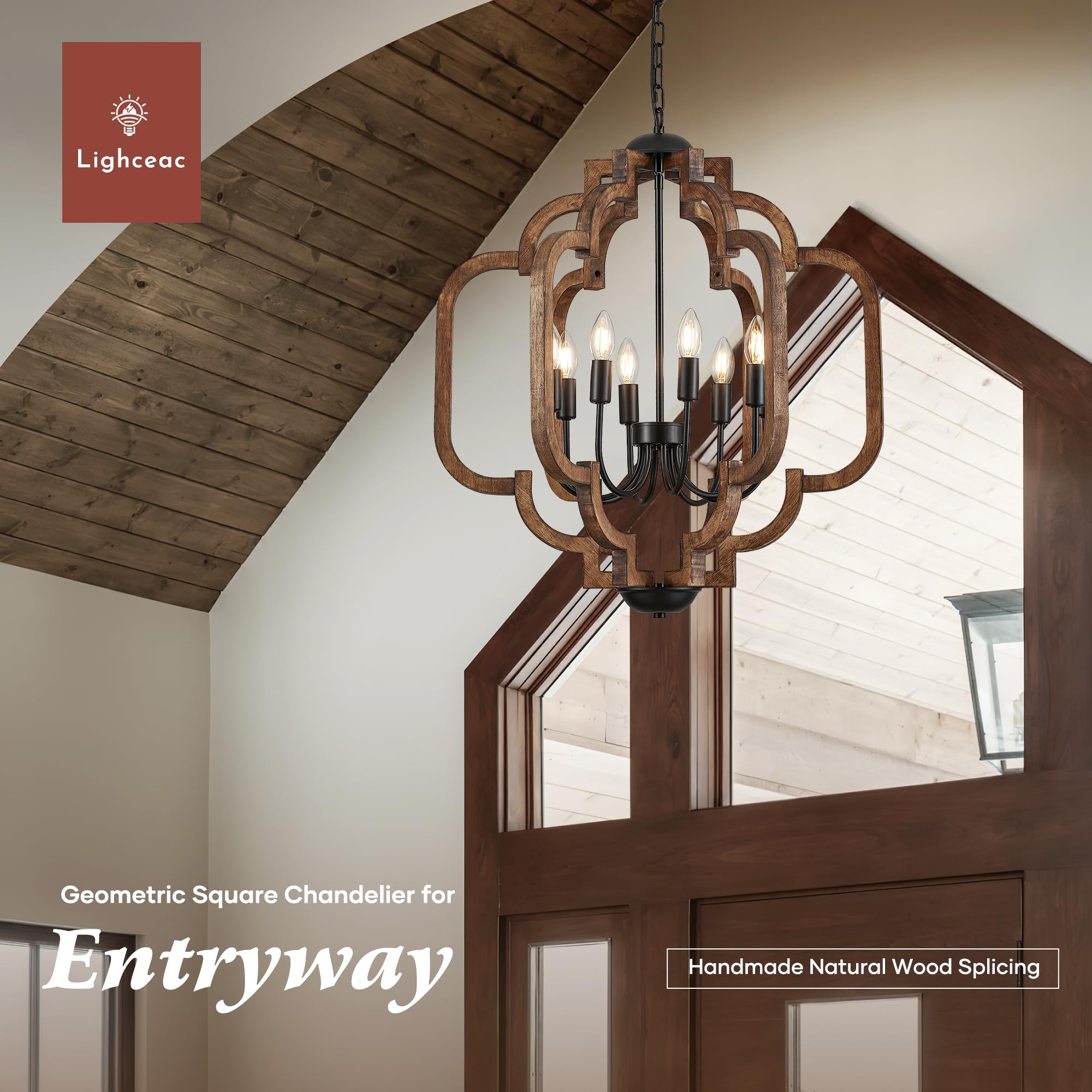 Lighceac 24.6'' Farmhouse Vintage Chandelier 8-Light For Dining Room Rustic Handmade Wood Hanging Ceiling Pendant Light Fixture