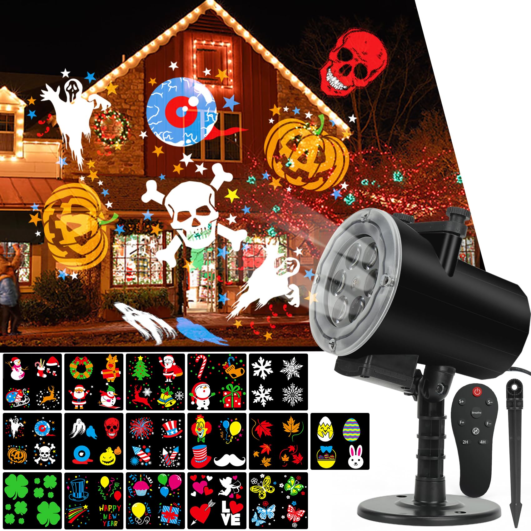 Christmas Halloween Lights Projector,Holiday Projector Light,Waterproof Ip65 Indoor Motion Remote 10W Led Projector,16 Slides Ho