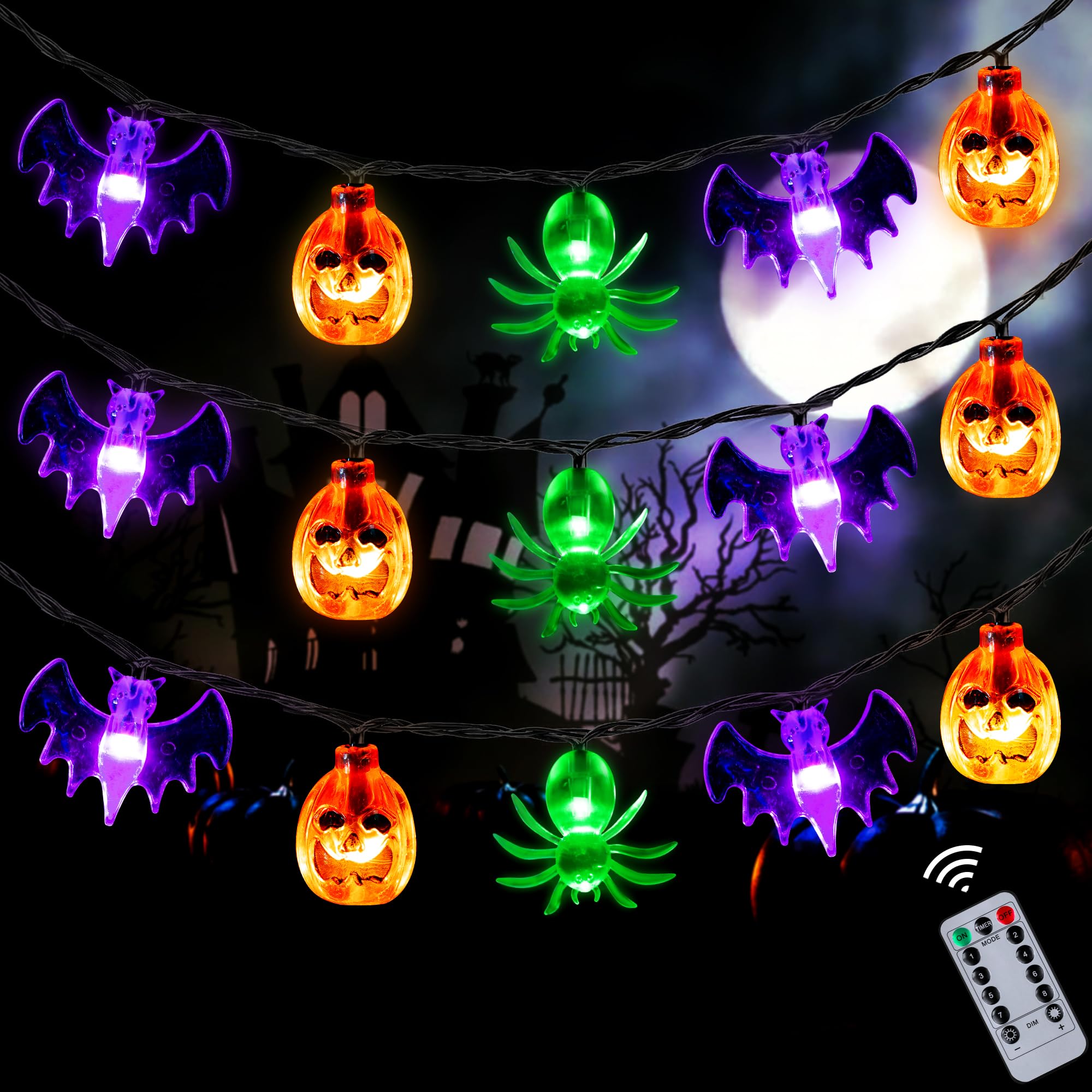 Halloween Lights Outdoor Indoor 20Ft 30 Led 3D Pumpkin Bat Spider Battery Operated Halloween String Lights With Timer, 8 Light Modes Waterproof Halloween Decorations Lights For Yard Window Party Decor