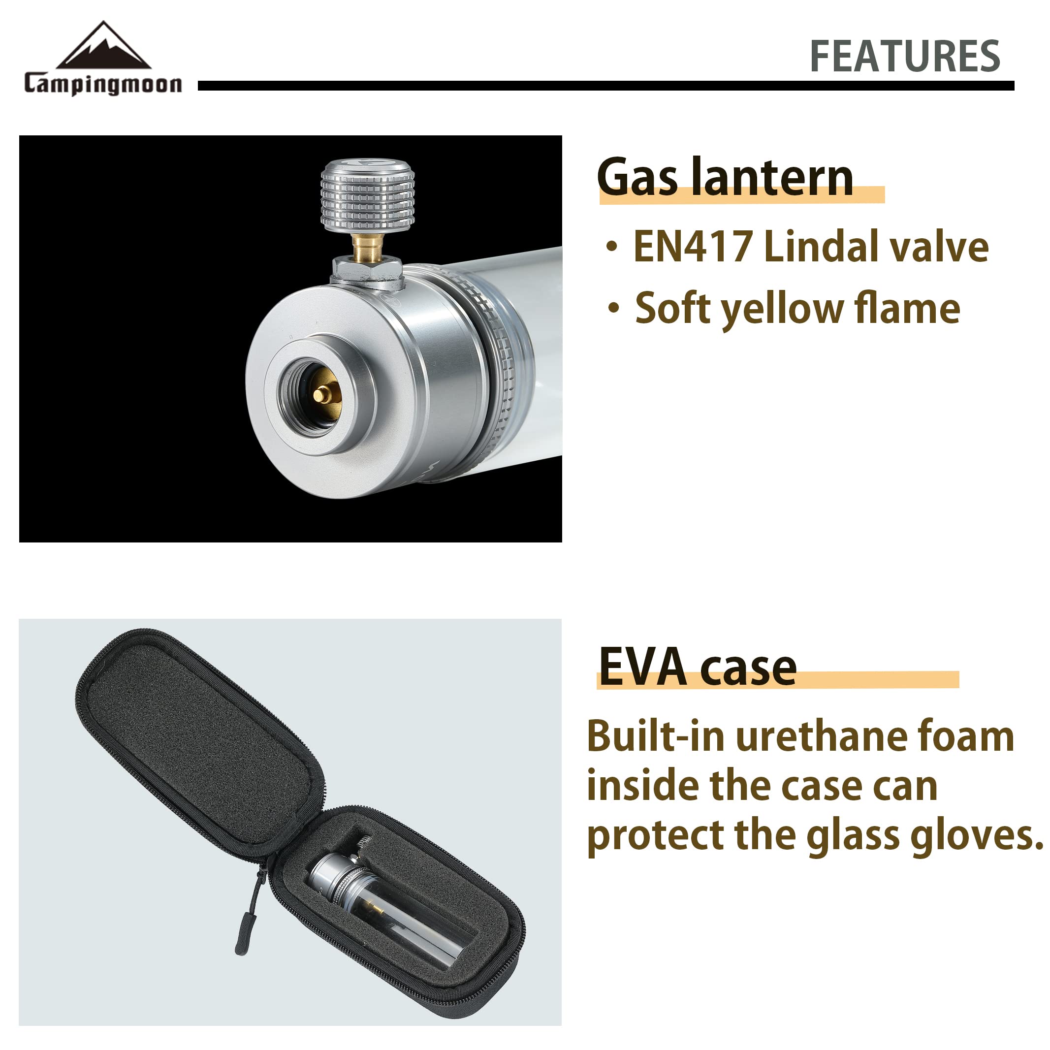 CAMPINGMOON Gas Candle Lantern - EN417 Valve, Glass, US-T-1, Silver