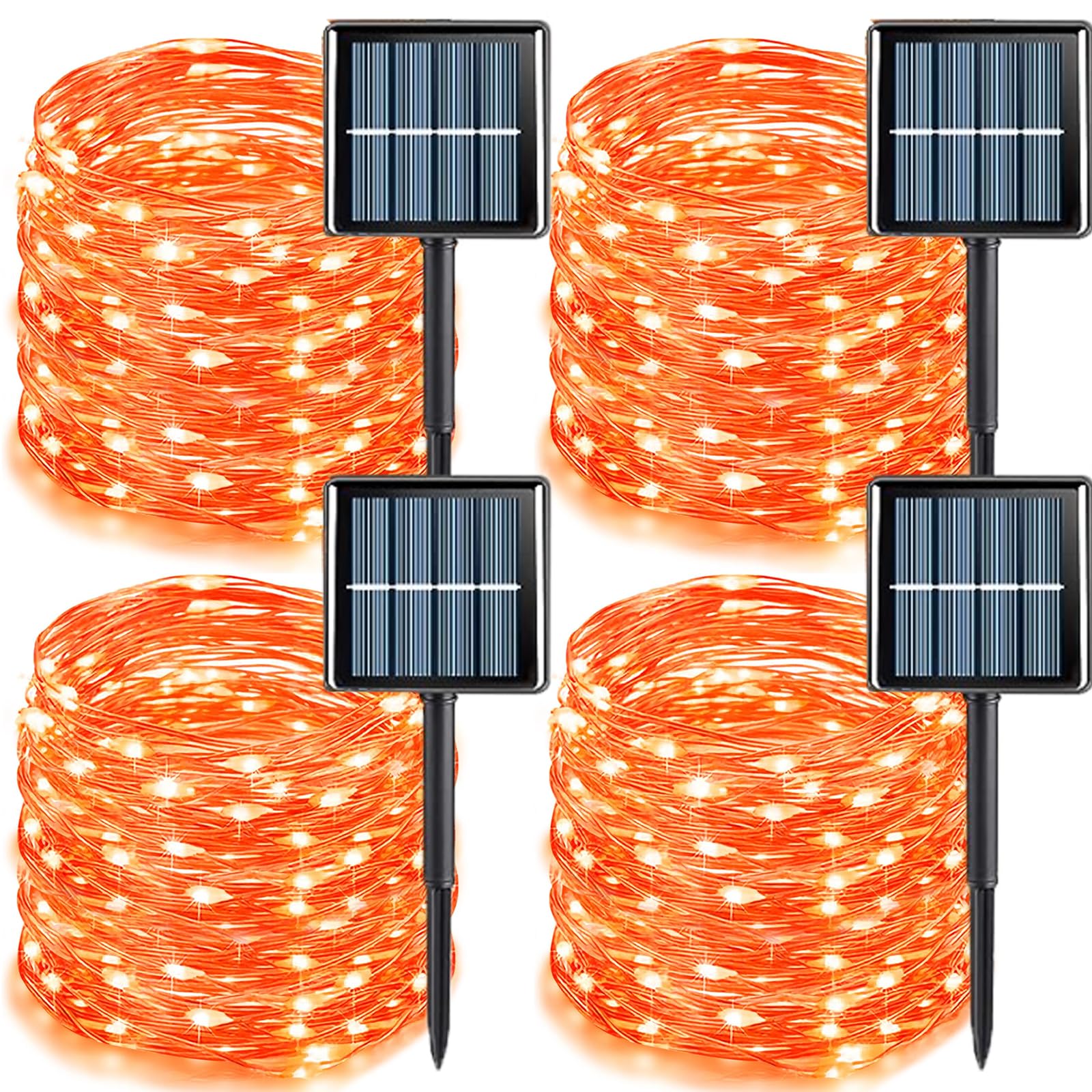 YEGUO 4 Pack Orange Solar Halloween Lights Outdoor Waterproof, Each 33ft 100 LED Solar Fairy Lights, 8 Modes Solar String Lights