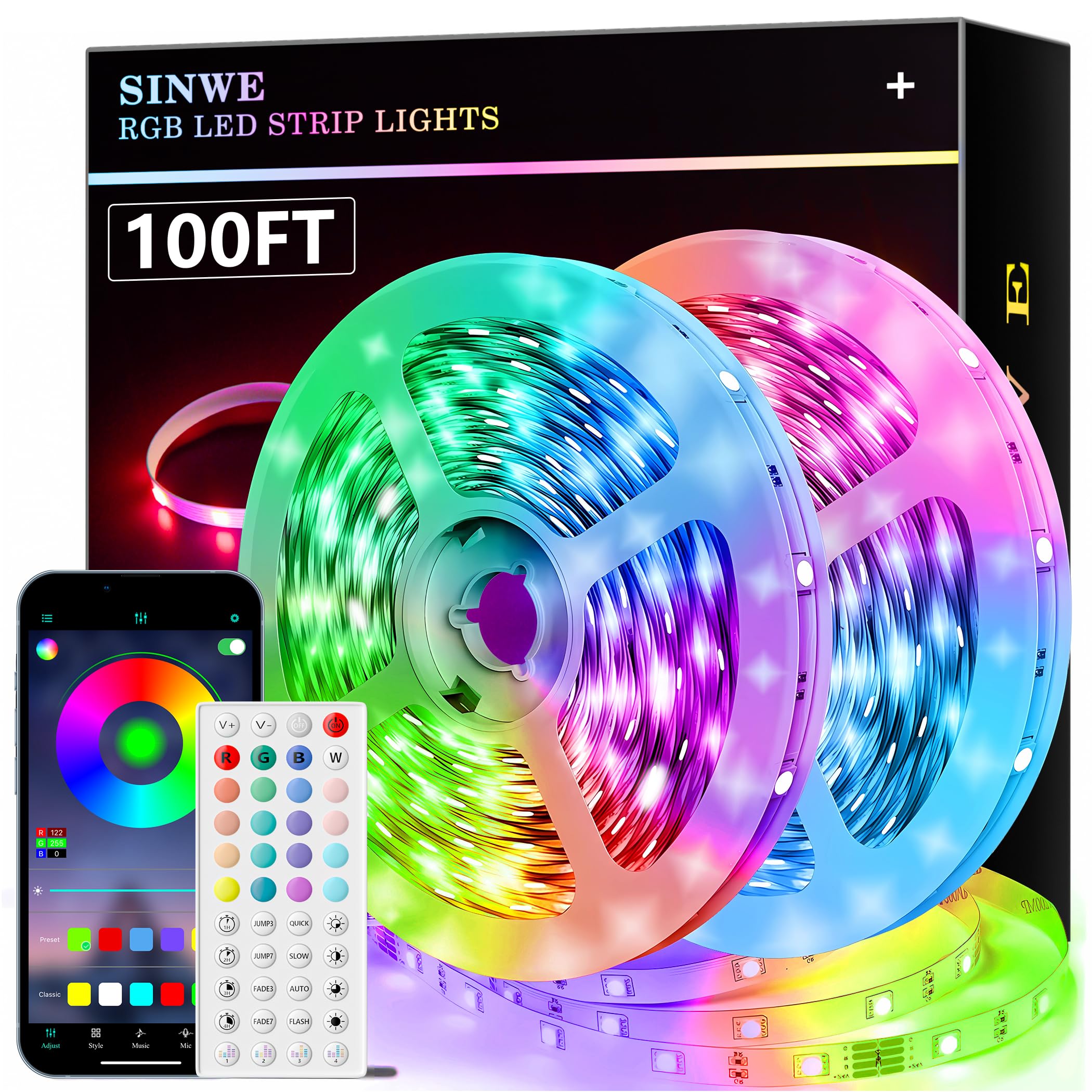 SINWE 100ft Led Lights for Bedroom,Music Sync Led Strip Lights with 44 Keys Remote and App Control,Color Changing RGB Led Lights