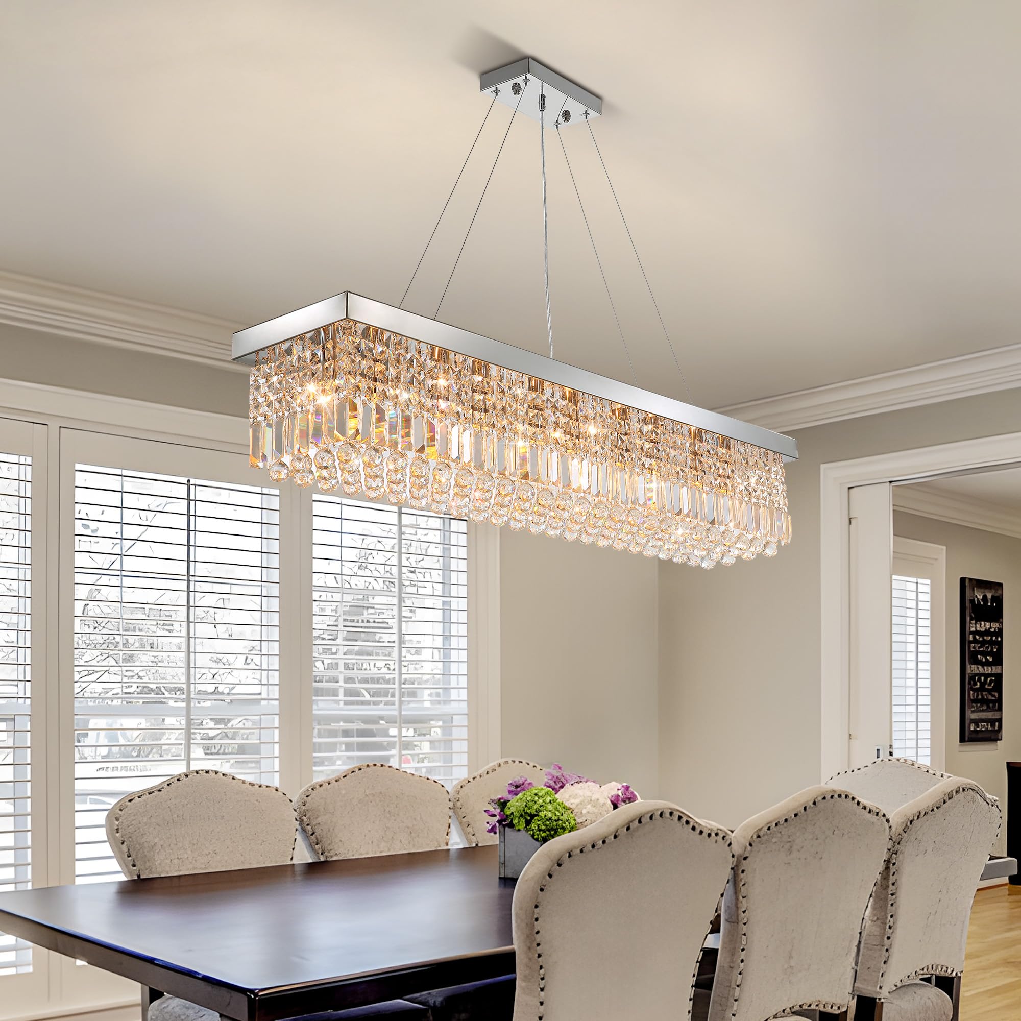 Tinkoso Modern Silver Rectangular Crystal Chandelier,10-Light Modern Chandelier,K9 Crystal Rectangle Chandelier,Farmhouse Pendan