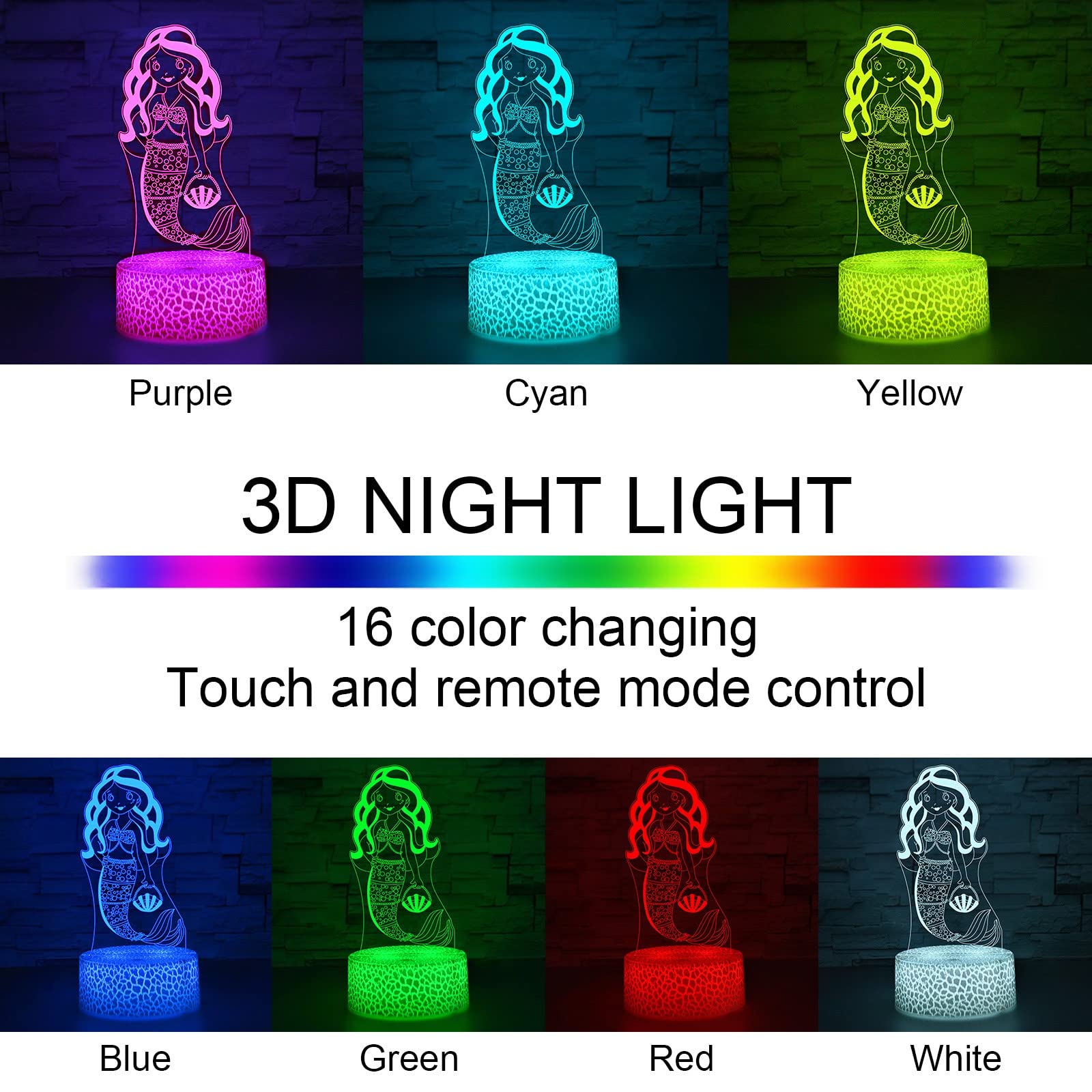 I-Chony Mermaid Gifts Night Light, 3D Illusion Lamp With Remote & Smart Touch, 16 Colors Dimmable Bedroom Decor, Kids Teens Birt