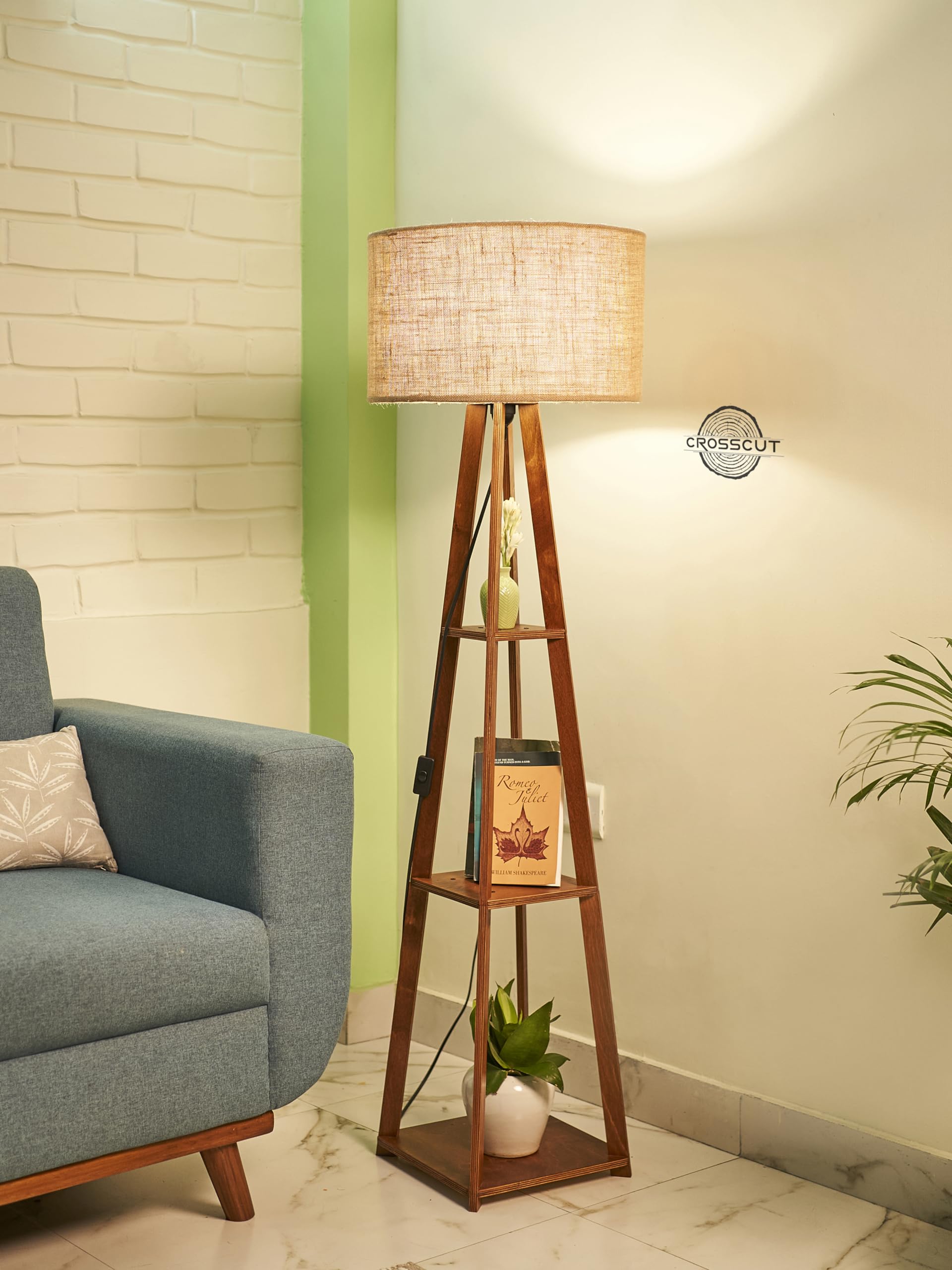 Crosscut Furniture Wooden Floor Lamp with shelf (Natural Jute). LED bulb included