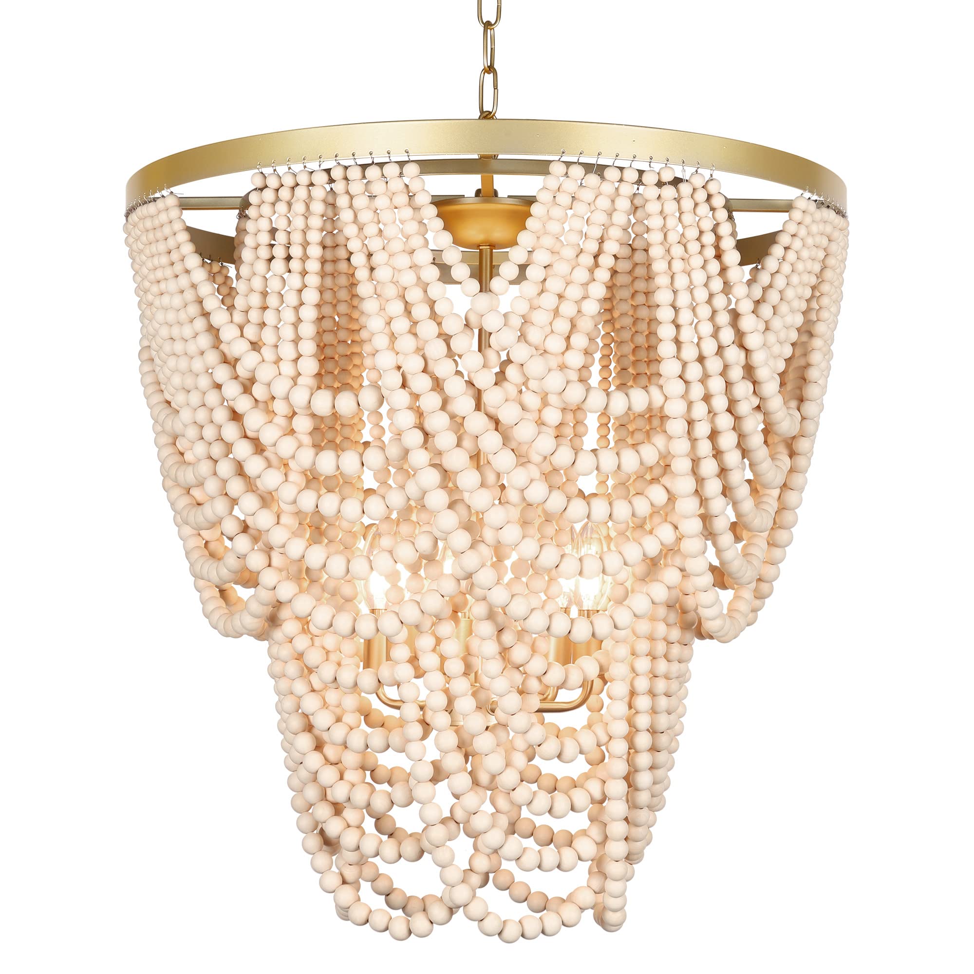 6-Light Bohemia Wood Beaded Chandelier For Dining Room, Coastal Pendant Light For Bedroom, Modern Farmhouse Light Fixtures For Entryway, Gold And Oak Finish
