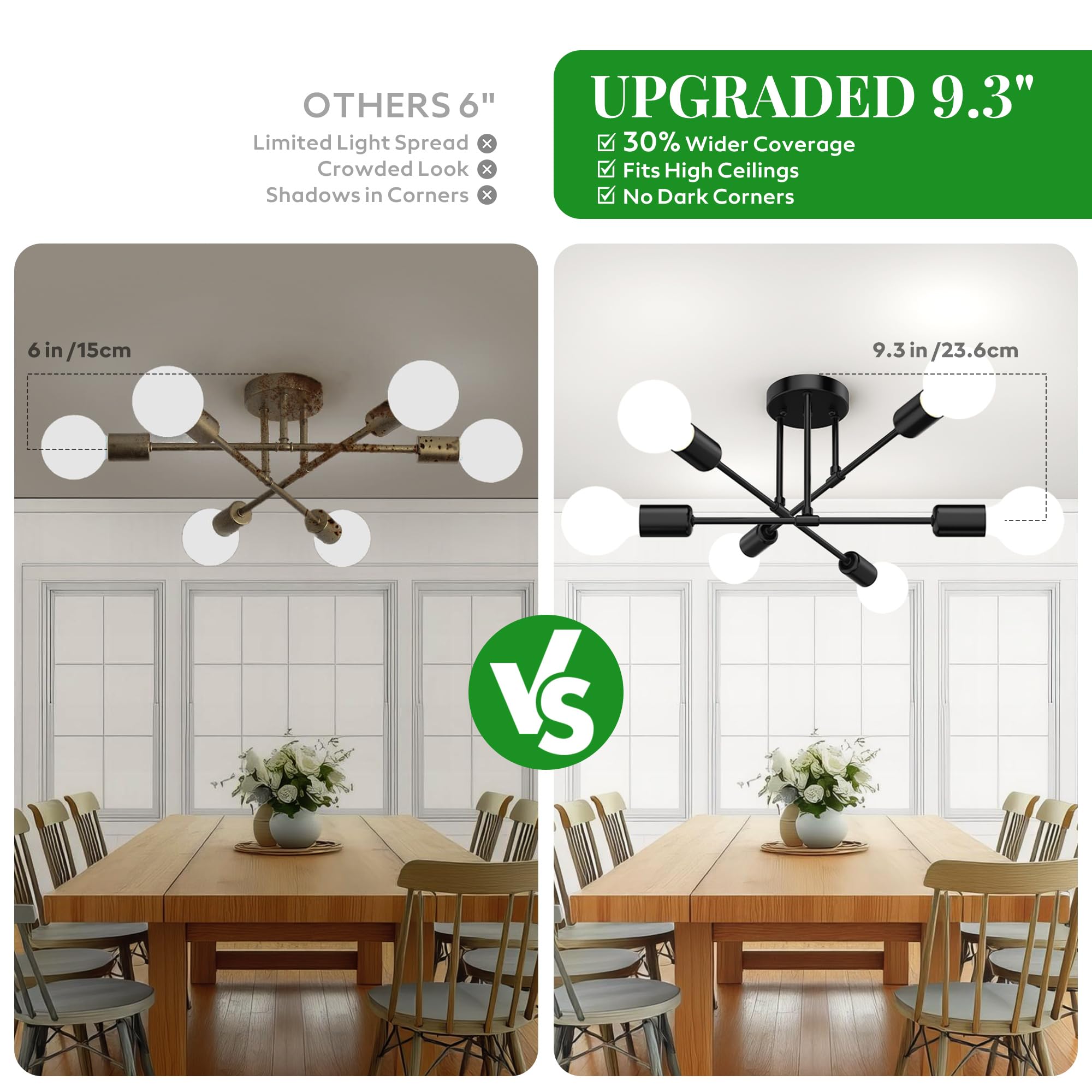 Phaosio Modern Sputnik Chandelier, 6-Light Semi Flush Mount, Matte Black, Model POSI01 for Dining Room, Bedroom, Living Room