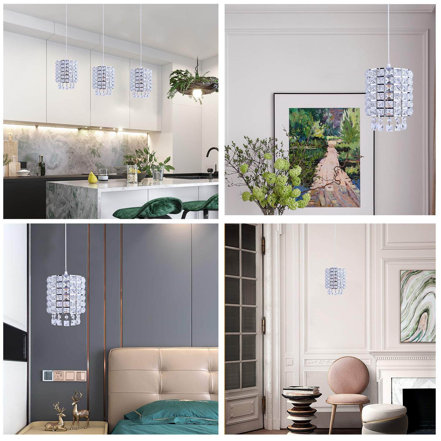 Airposta Dimmable Plug in Pendant Light, Crystal Mini Chandeliers, Modern Chrome Finish Crystal Hanging Chandelier Sparkly Ceili