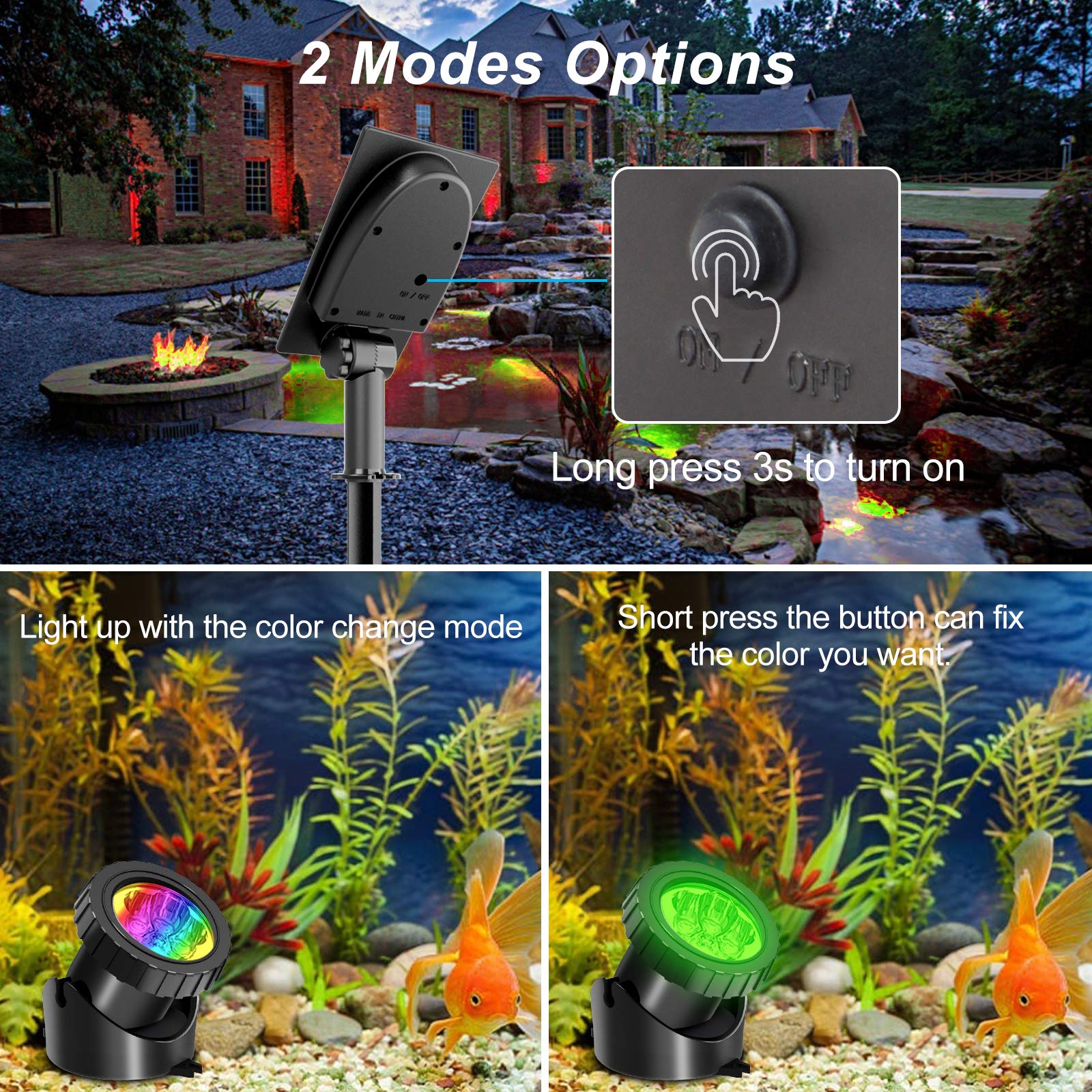 T-SUN RGB Color Changing Solar Pond Lights, 3-Head Waterproof LED Spotlights for Garden, Pool, and Fountain Decoration