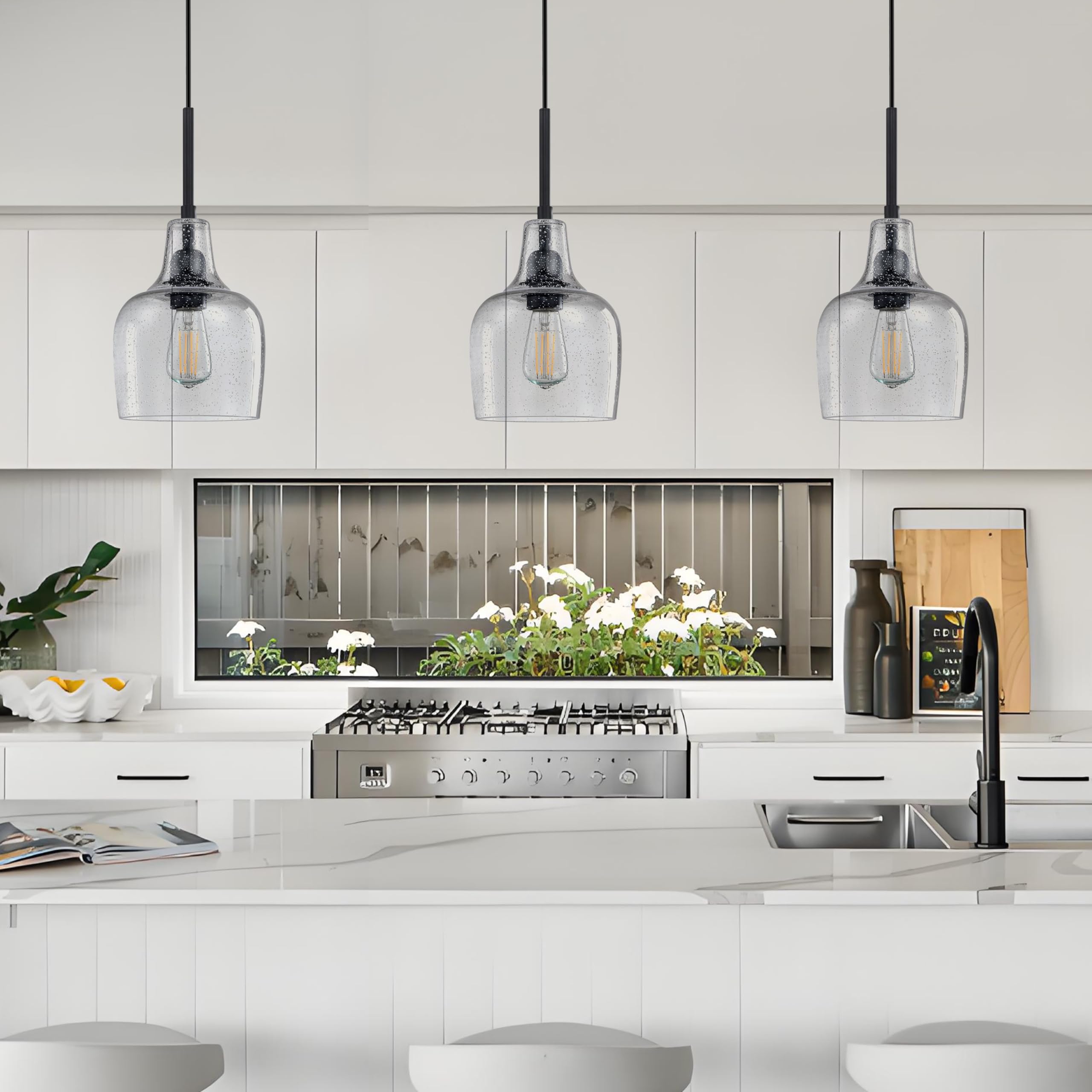 Dolaimy House 3 Pack Indoor Pendant Light, Oil Rubbed Bronze, Clear Seeded Glass, Model X216CD102