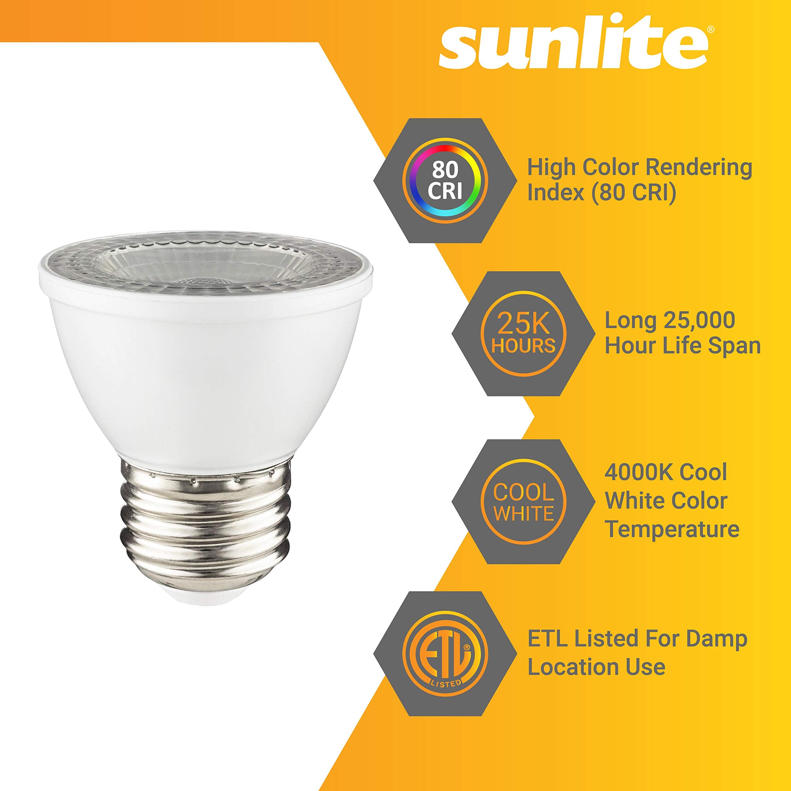 Sunlite LED PAR16 Spotlight Bulb, 7W (60W Halogen Replacement), 550 Lumens, Dimmable, 4000K Cool White, 6 Count, E26