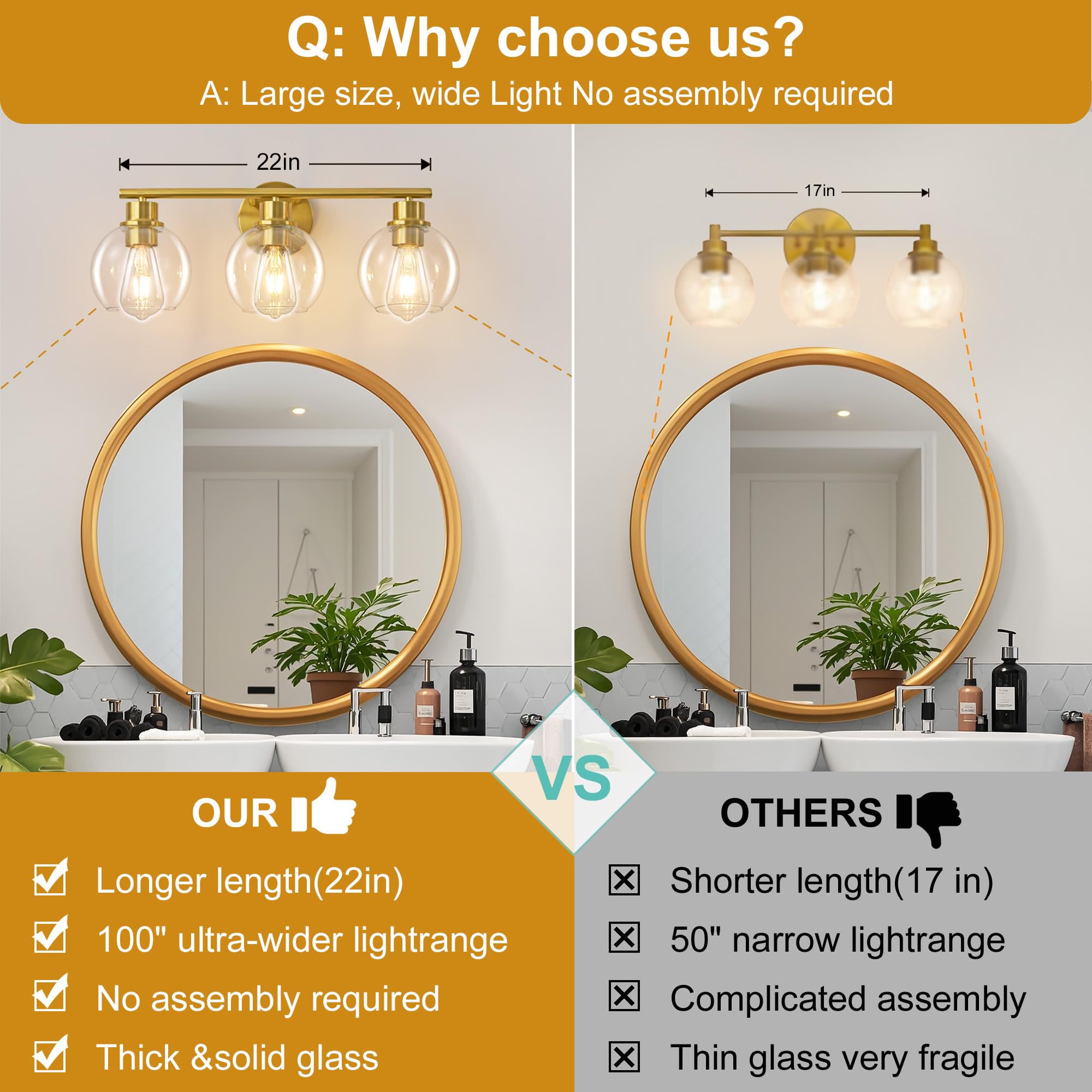 Lanmate Bathroom Light Fixtures Over Mirror 3-Lights Bathroom Vanity Light With Clear Glass Shade 22 Inch Modern Wall Sconce Gol